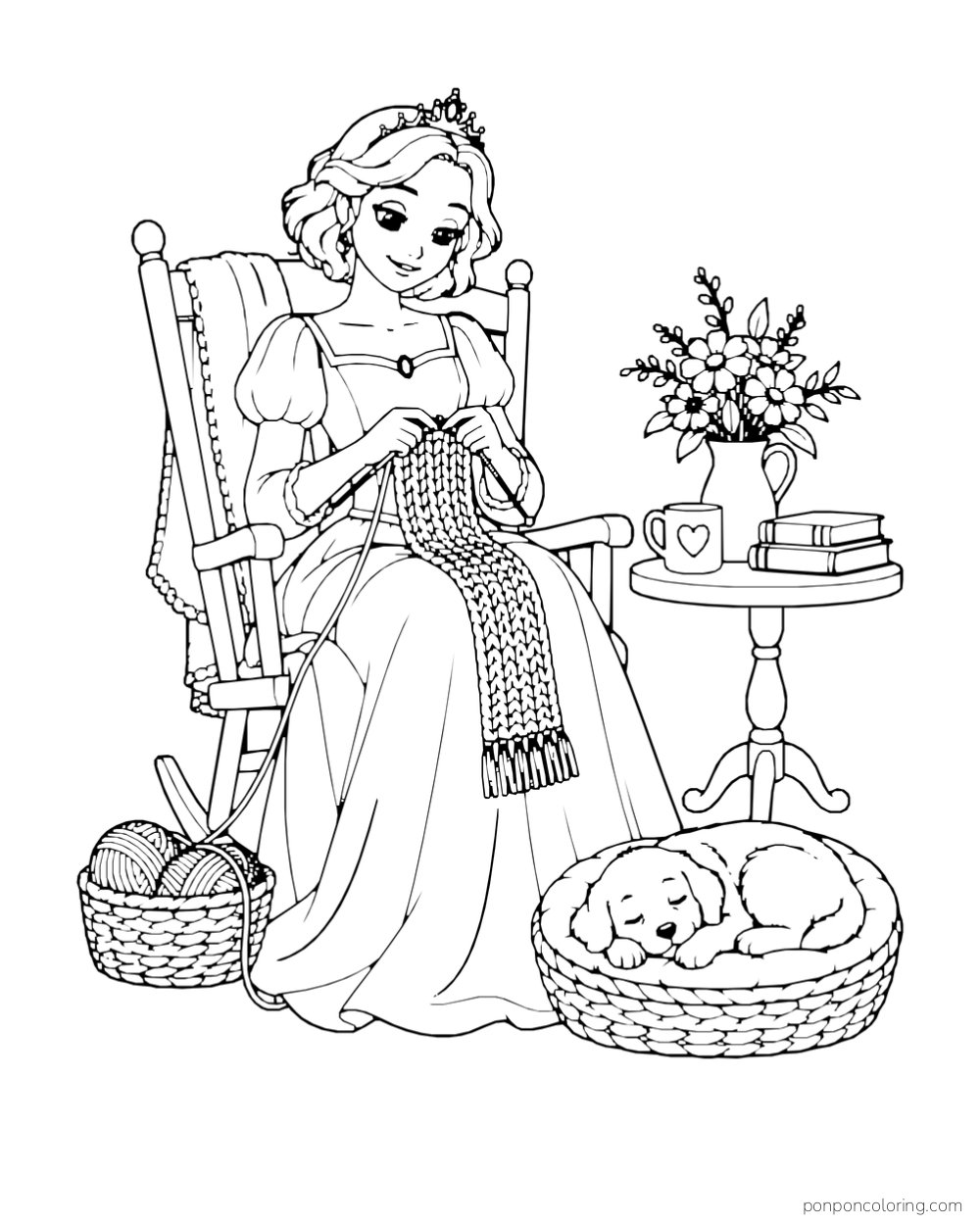 A princess knits a scarf in a rocking chair beside a yarn basket and sleeping puppy.