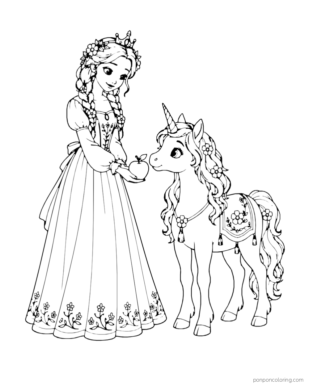 A braided princess offers an apple to a small unicorn wearing a floral saddle blanket.