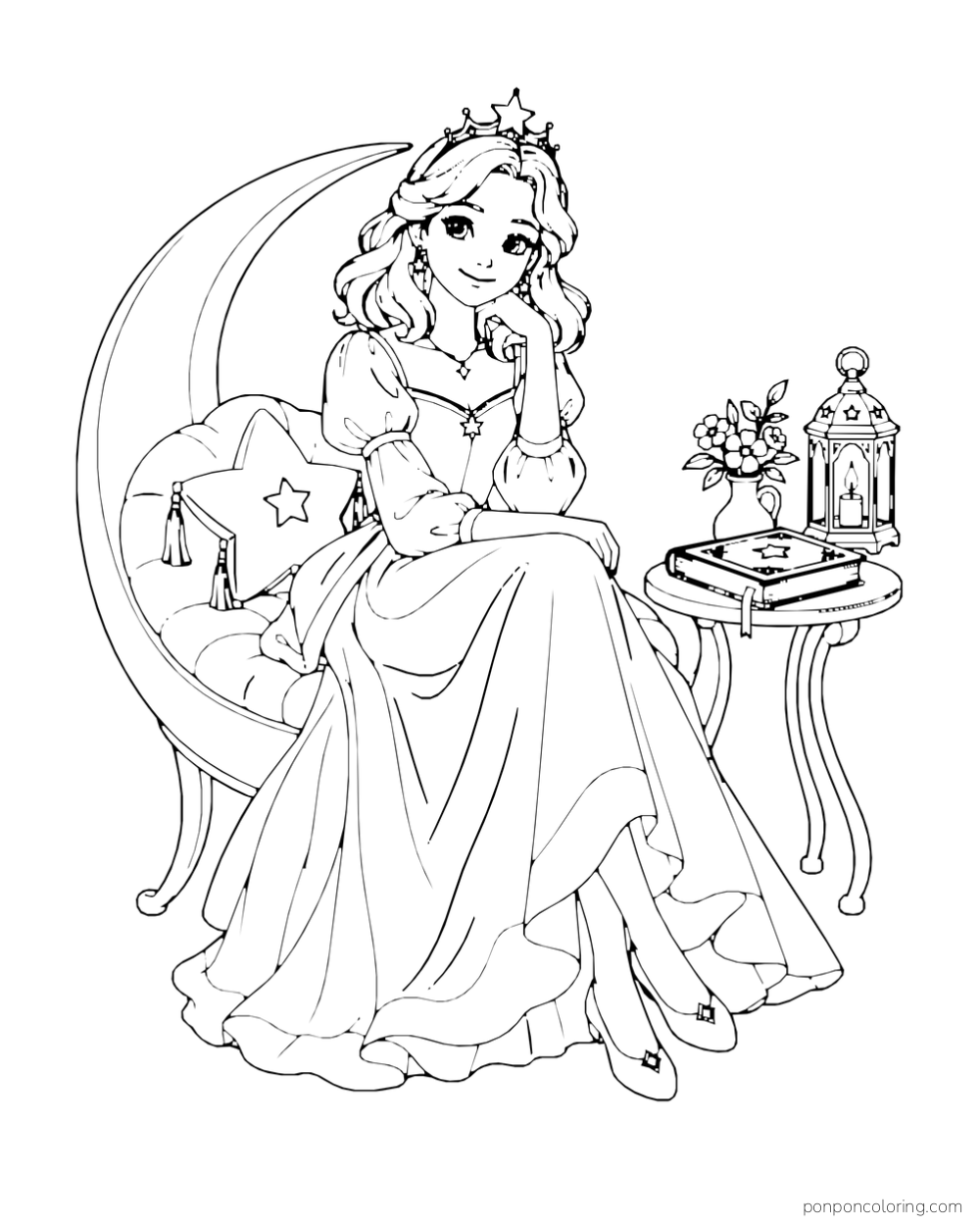 A princess sits on a crescent-shaped chair with a star cushion beside books and a lantern.