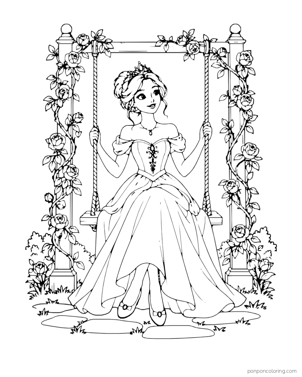 A princess sits on a complete garden swing with roses climbing its frame.