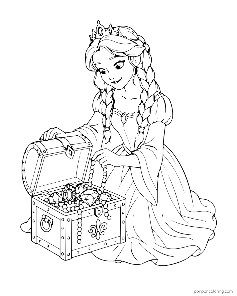 A princess opens a treasure chest filled with necklaces and gems.