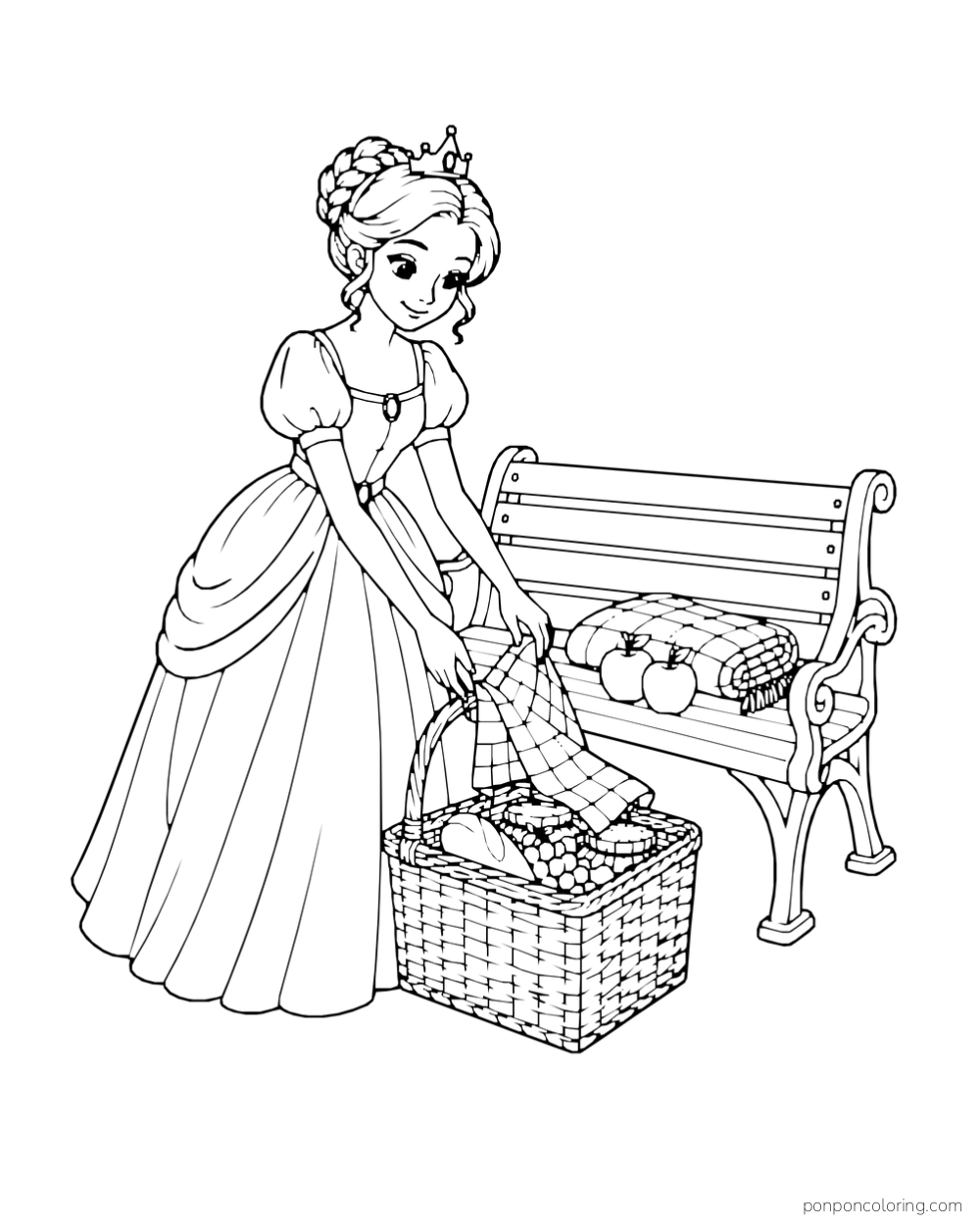 A princess packs a picnic basket beside a bench holding a folded blanket and apples.