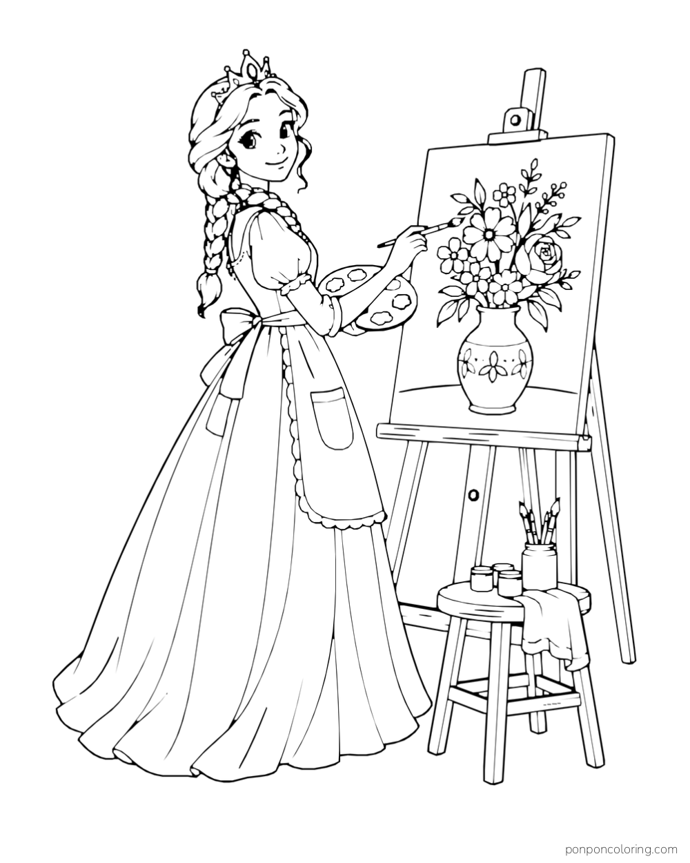 A princess paints a vase of flowers on an easel beside a stool with brushes and paint pots.