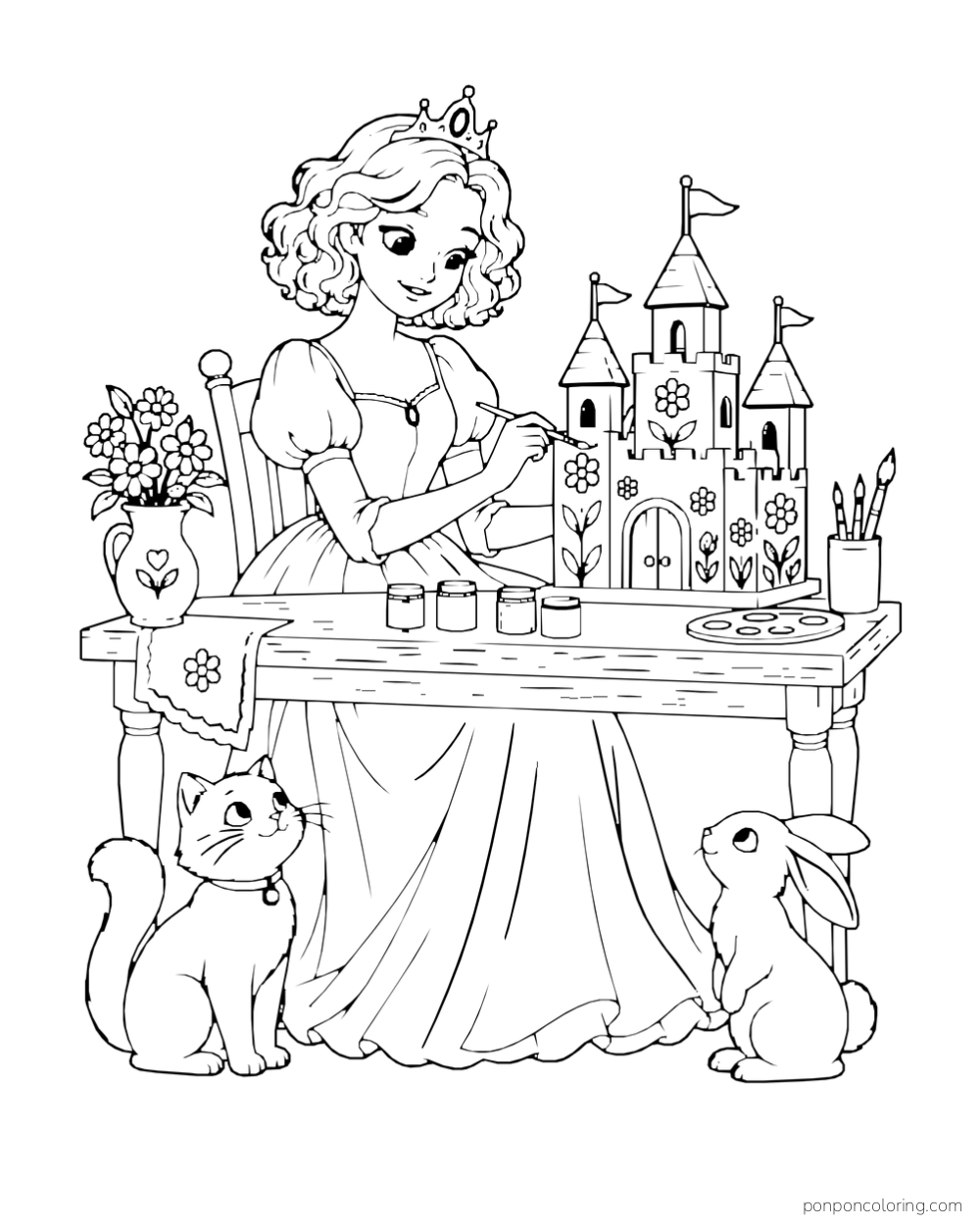 A princess paints flowers on a toy castle at a table beside a cat and rabbit.