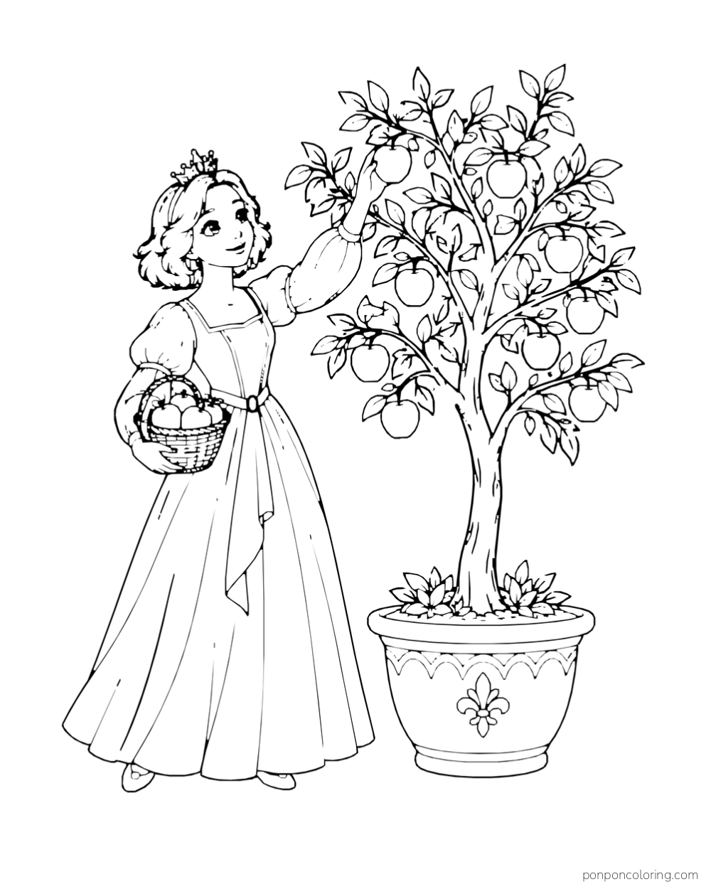 A princess picks apples from a small potted tree and carries a basket.