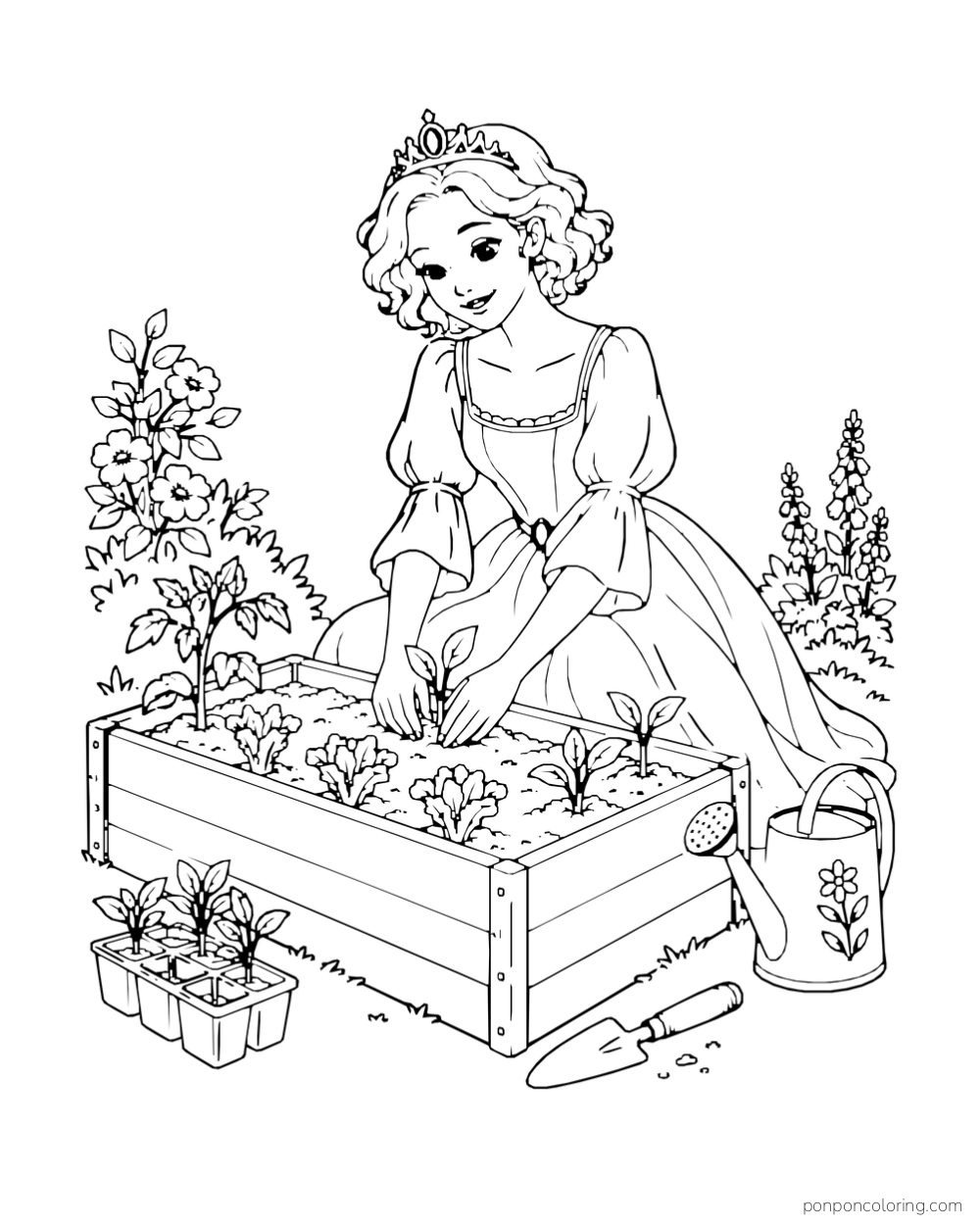A princess plants seedlings in a wooden raised bed beside a watering can and trowel.