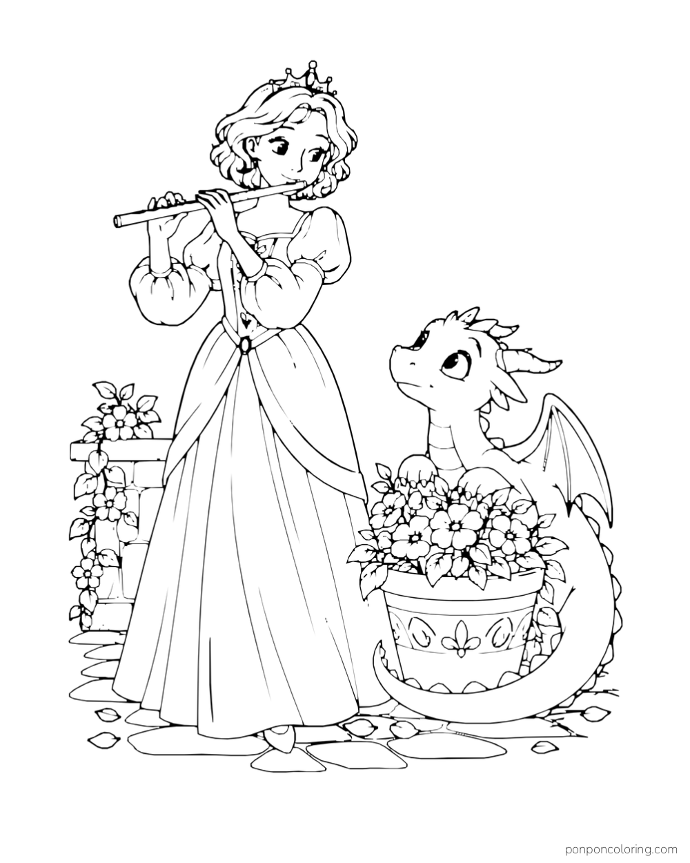 A princess plays a flute beside a friendly dragon curled around a flowerpot.