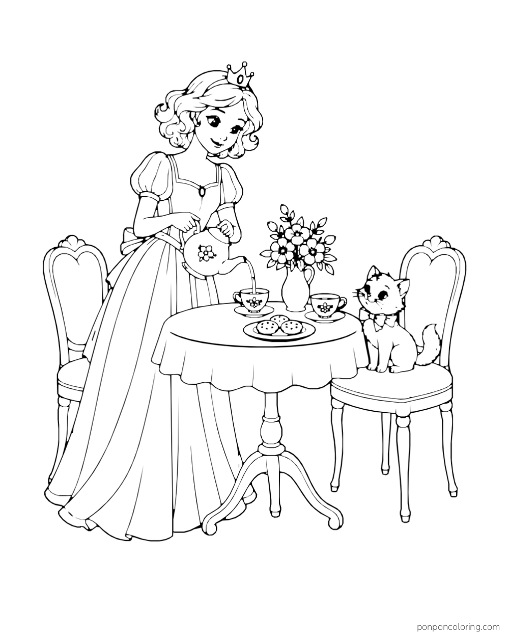 A crowned princess pours tea at a round table beside a kitten sitting on a chair.