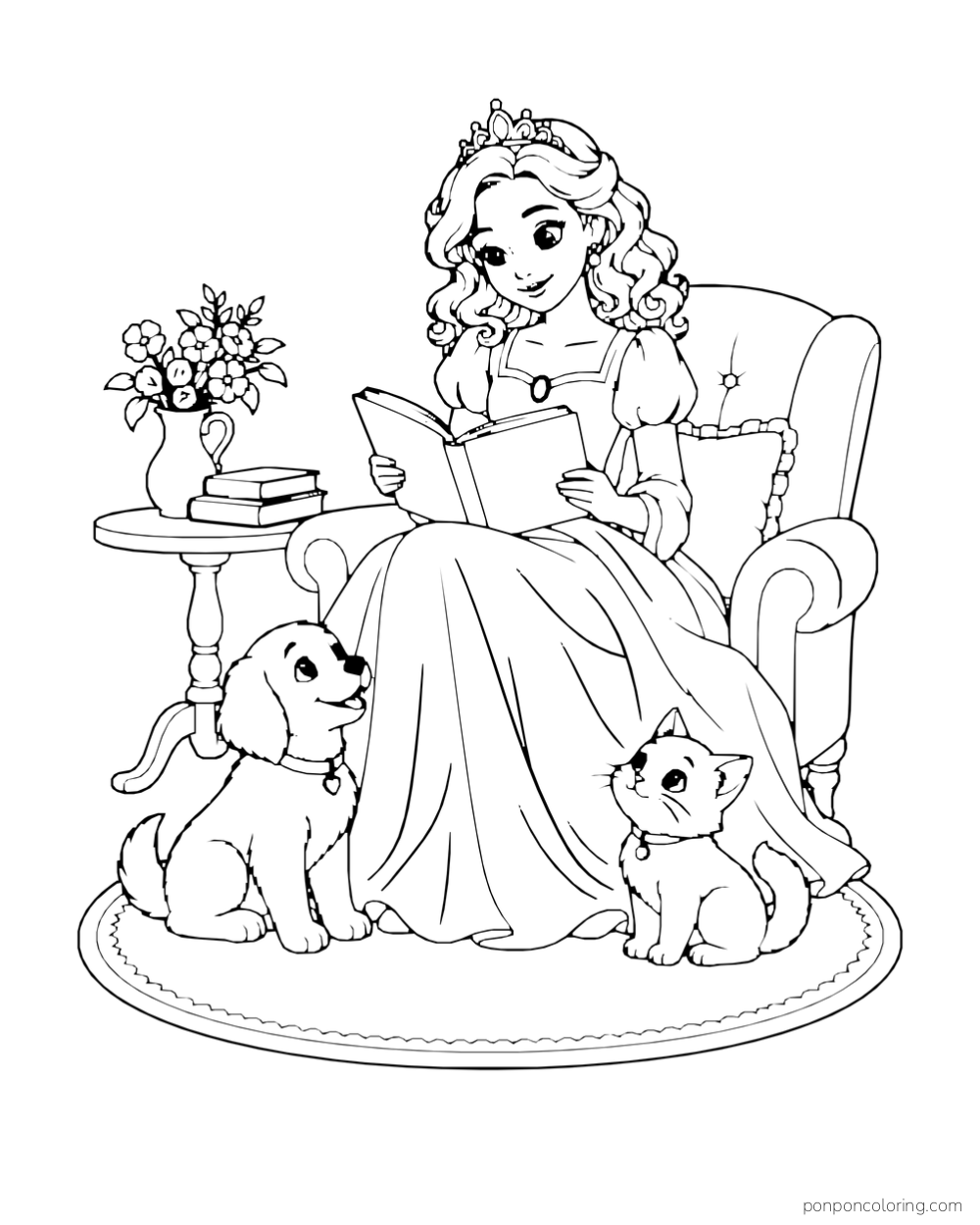 A princess reads in an armchair while a puppy and kitten sit on an oval rug.