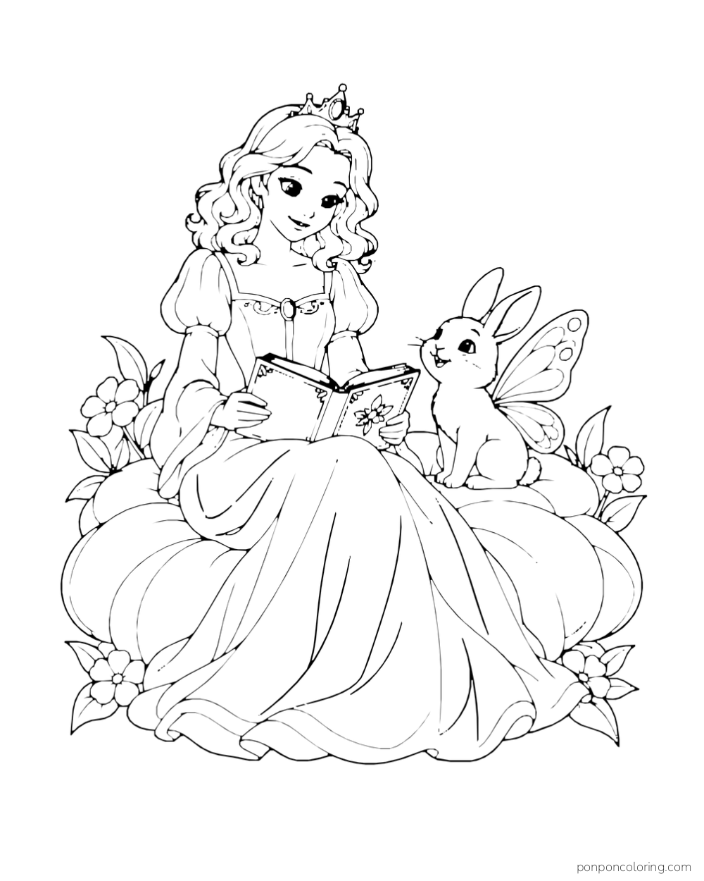 A princess reads on a giant flower-shaped cushion beside a butterfly-winged rabbit.