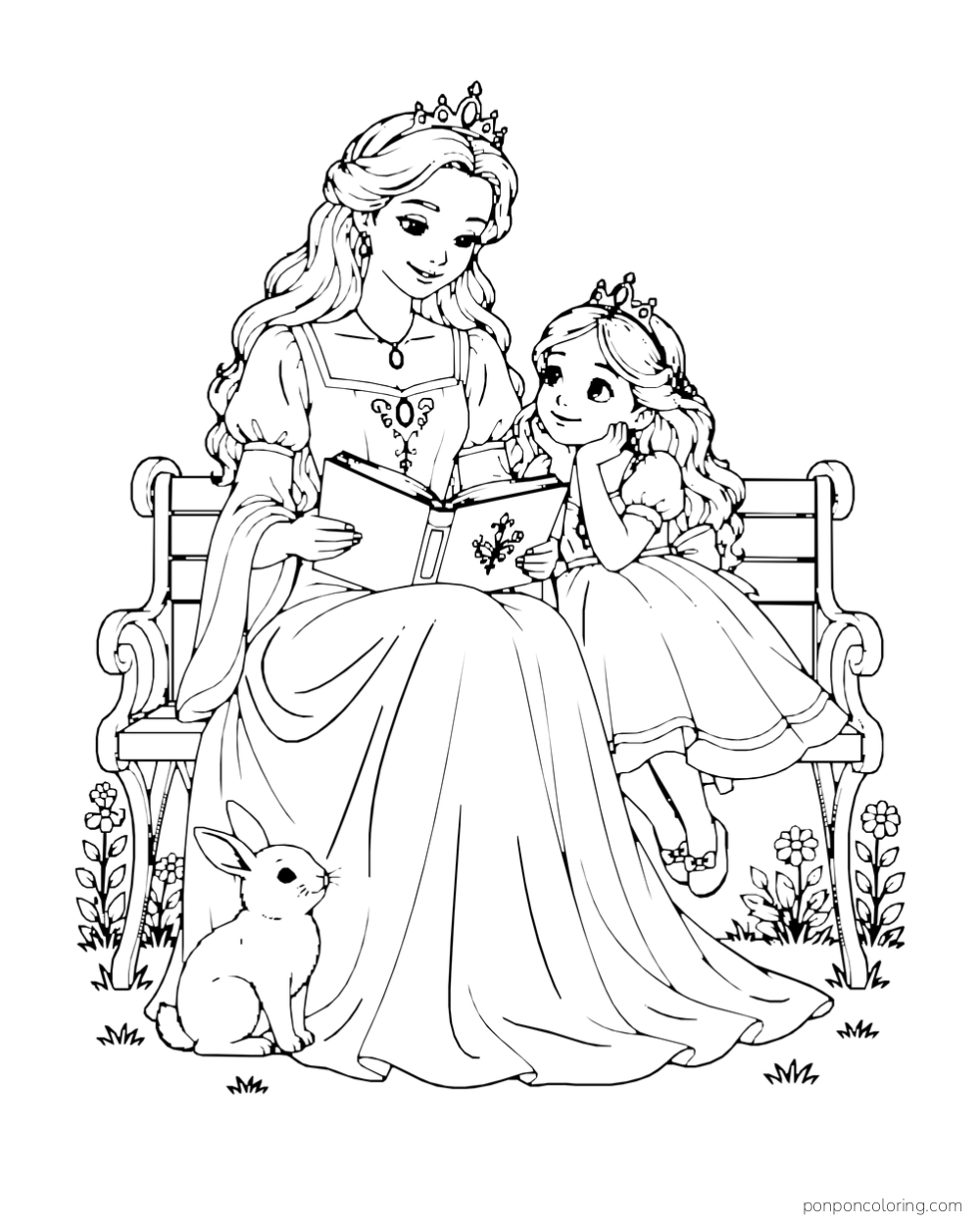 A princess and a younger crowned girl share a book on a bench beside a rabbit.