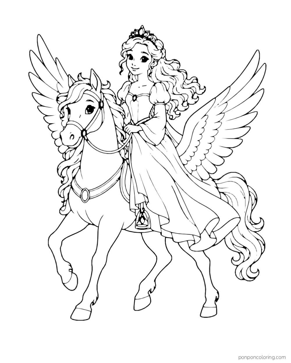 A princess rides a winged horse with its wings spread and all four hooves visible.