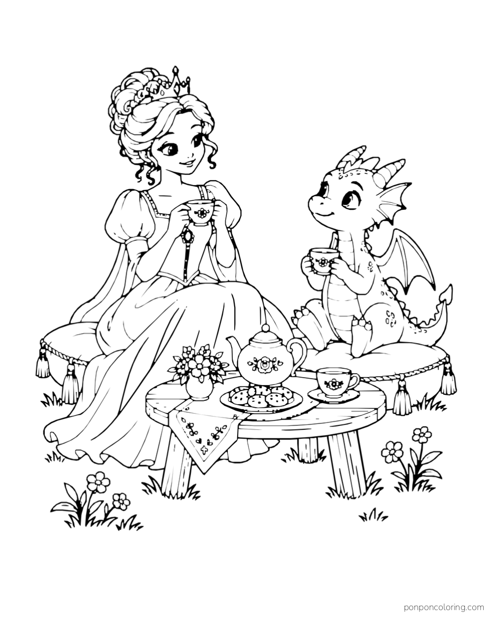 A princess and a small friendly dragon sit on cushions and share tea at a low table.