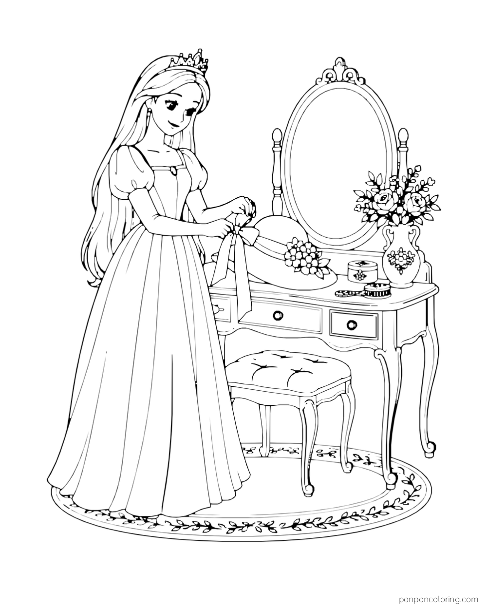 A princess ties a ribbon on a flower-trimmed hat beside a dressing table and oval mirror.