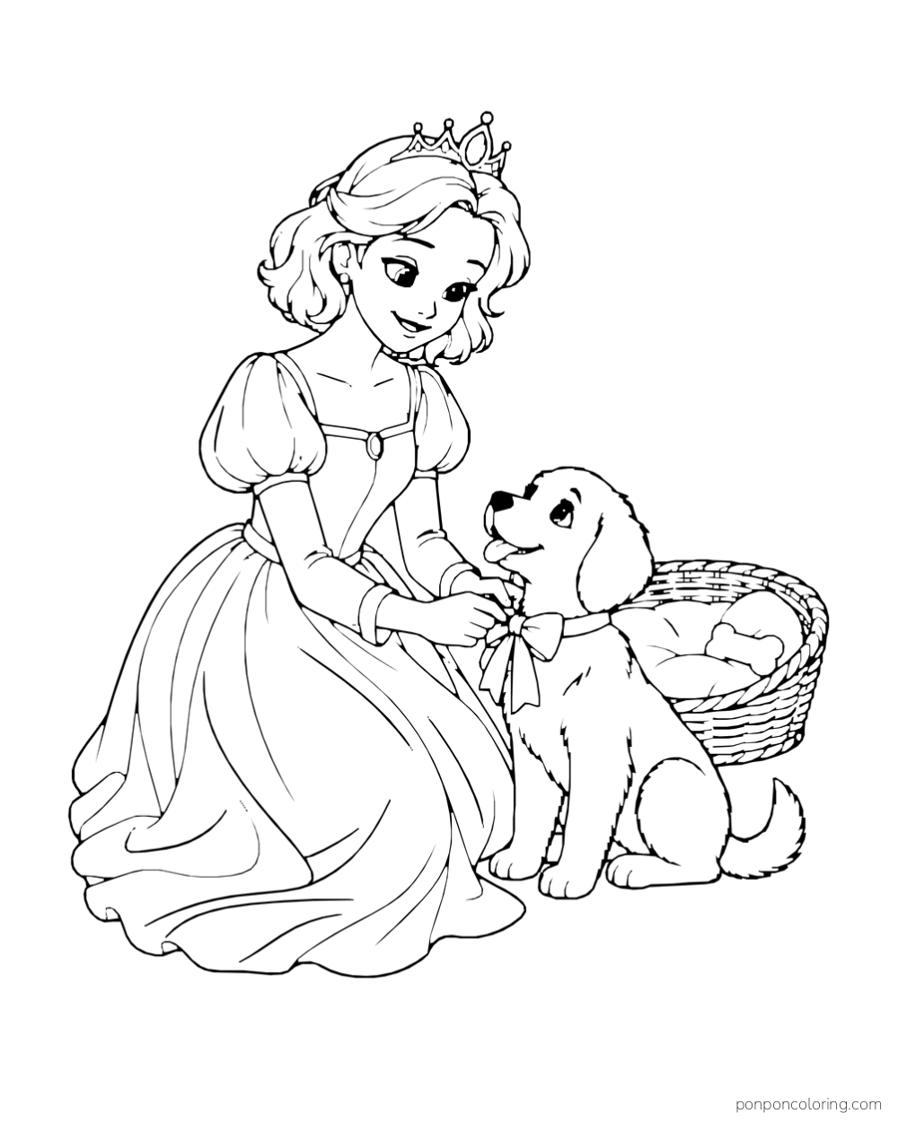 A princess ties a ribbon on a puppy beside its woven bed.