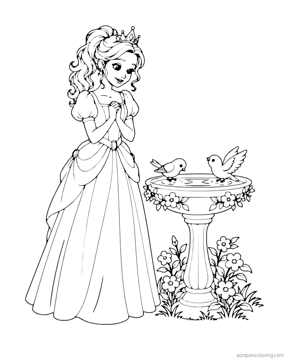 A princess watches two birds at a flower-decorated birdbath.