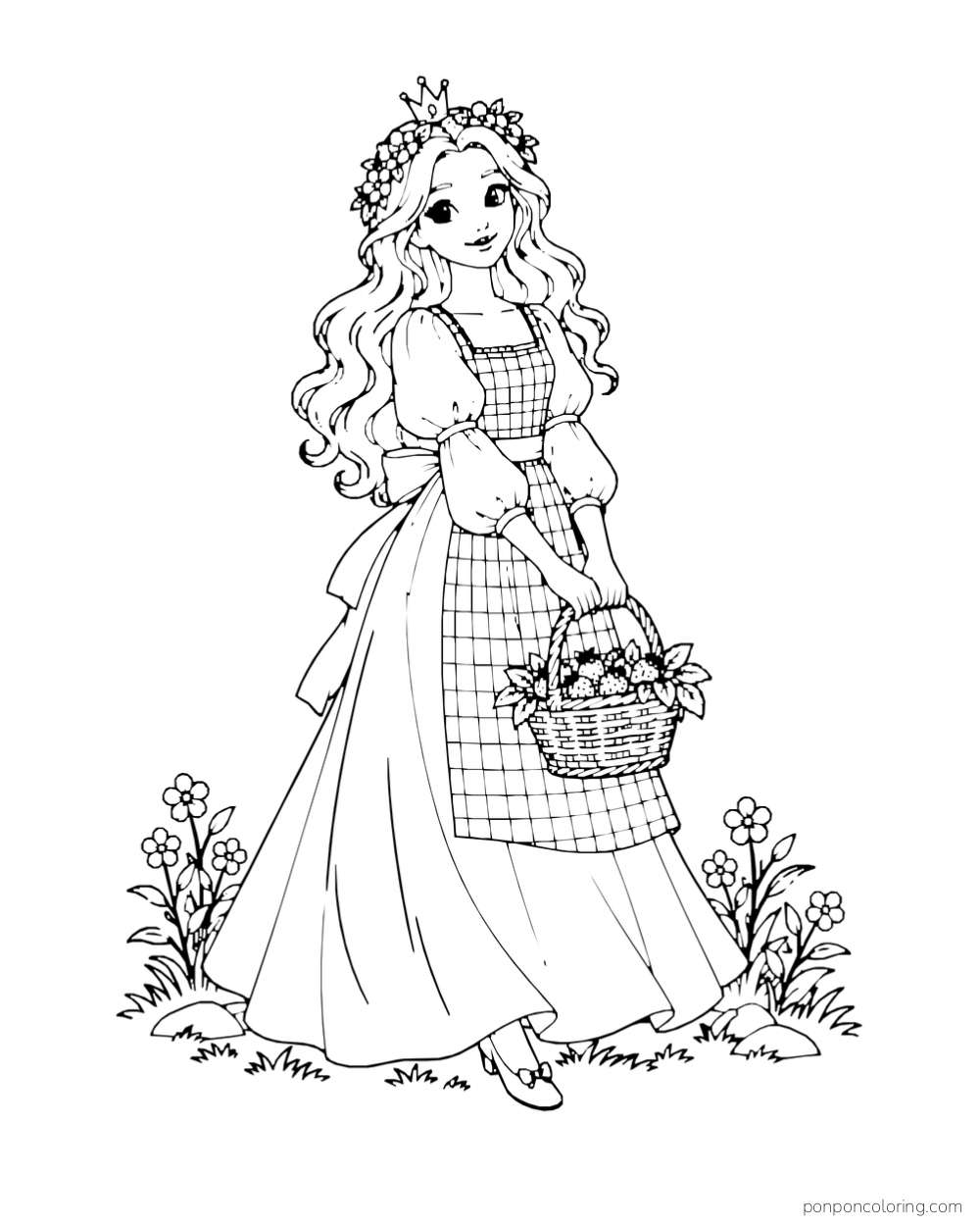 A flower-crowned princess wears a checked apron and carries a basket of berries beside small flowers.