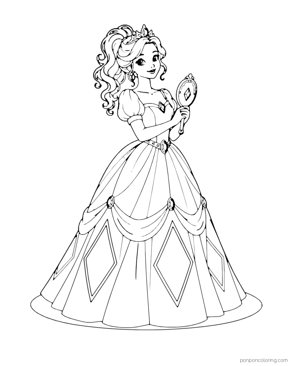 A princess holds a small hand mirror and wears a long gown with diamond-shaped panels.