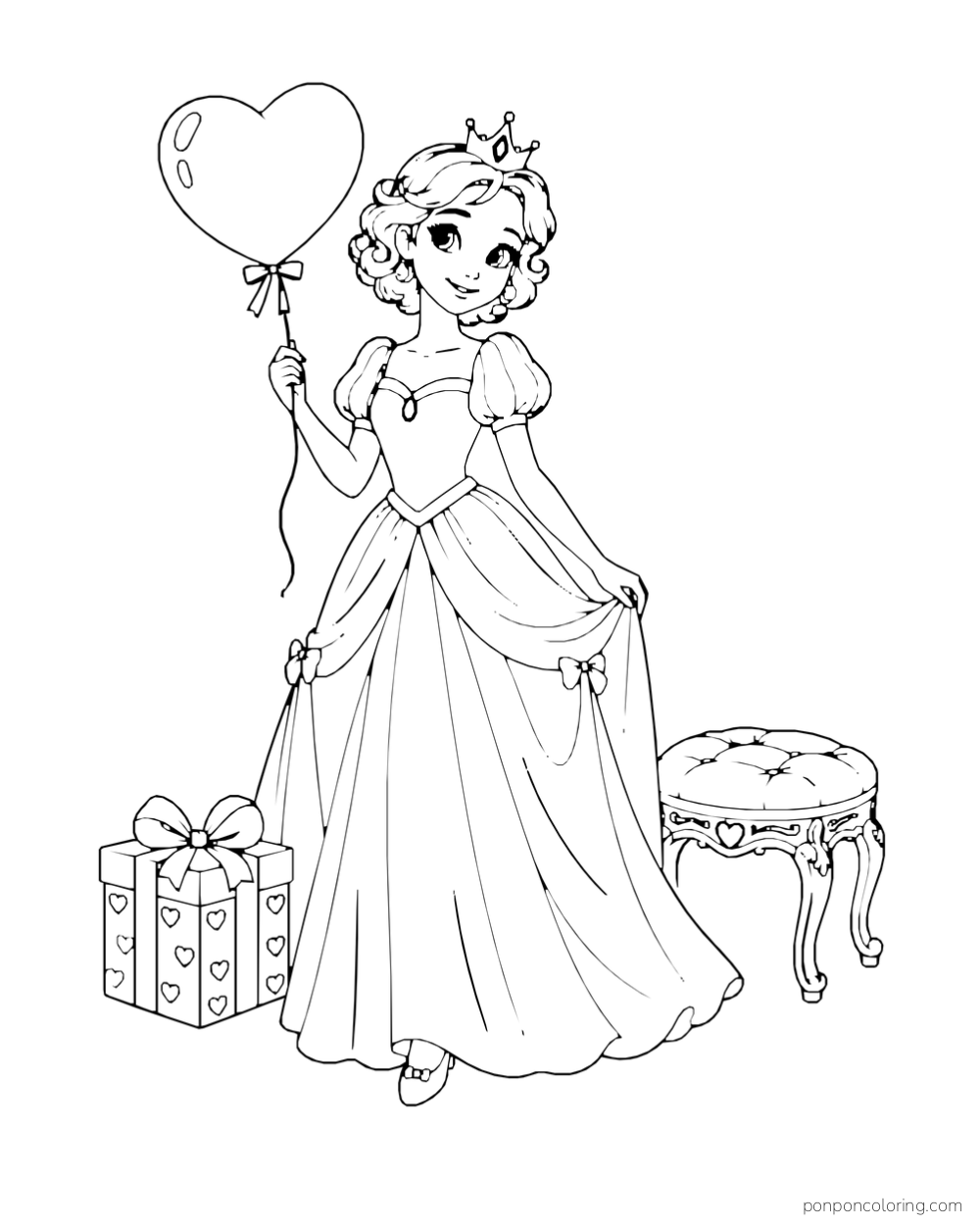 A princess holds a heart-shaped balloon beside a wrapped gift and ornate stool.