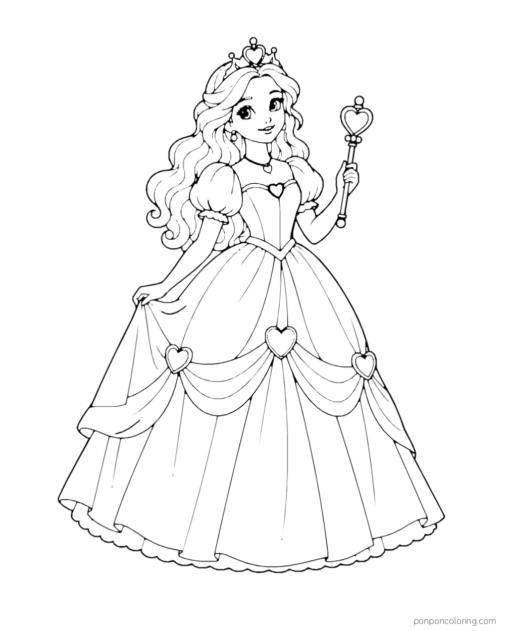 A princess holds a heart-topped scepter and wears a full gown decorated with hearts.