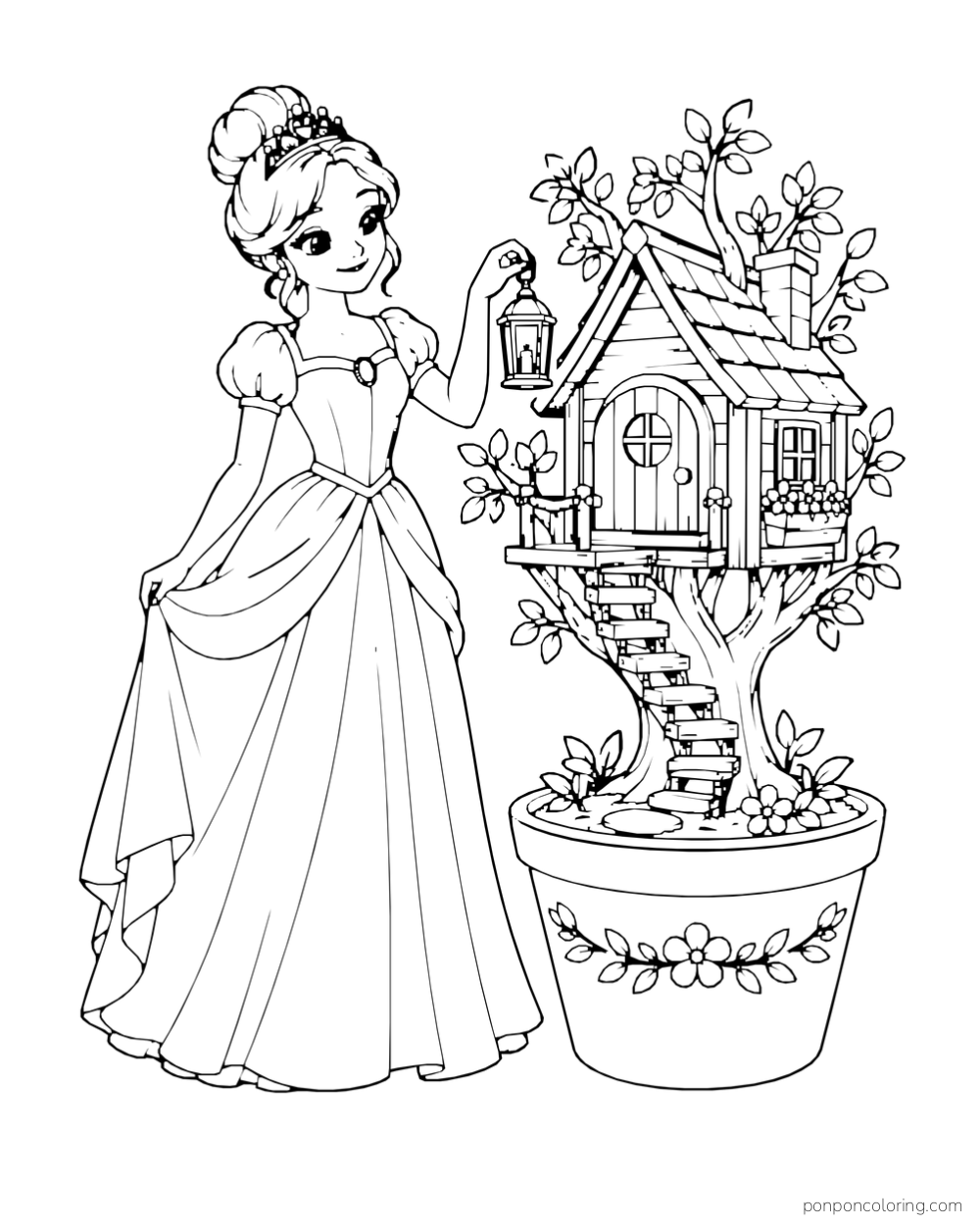 A princess holds a lantern beside a miniature tree house growing in a large flowerpot.