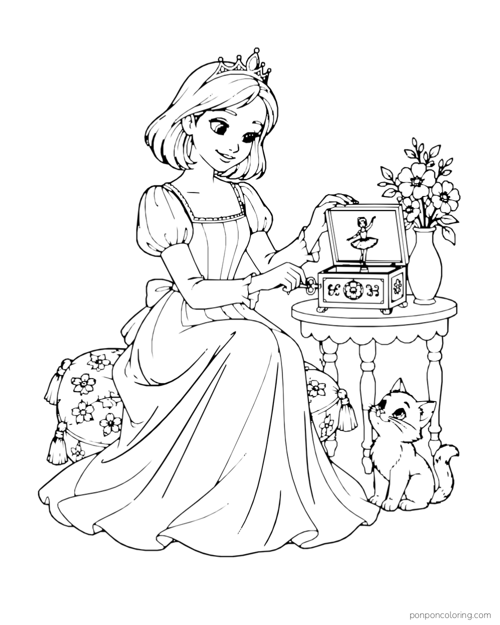 A seated princess opens a music box beside a vase of flowers and a kitten.