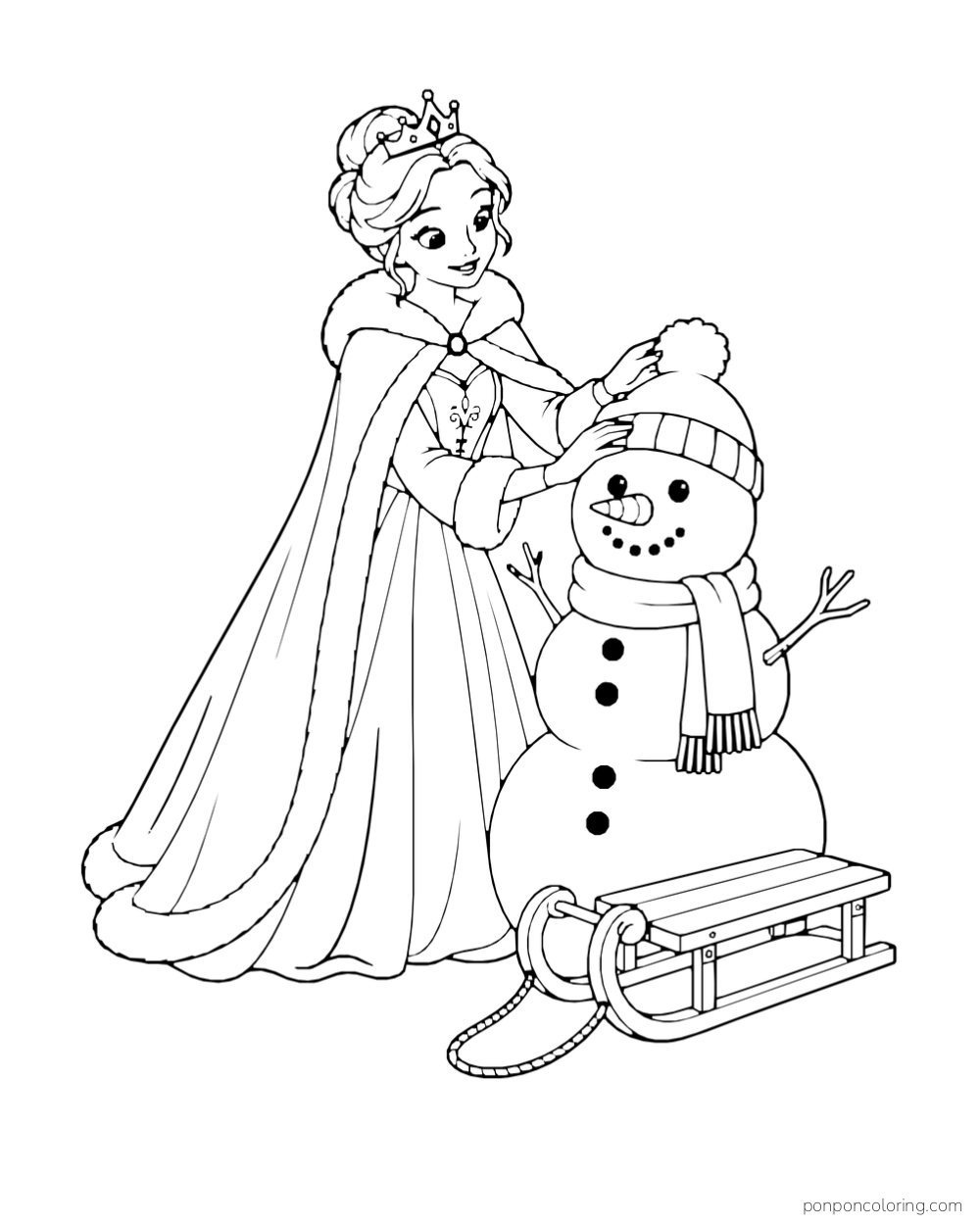 A princess in a long cape stands beside a snowman wearing a hat and scarf, with a wooden sled in front.