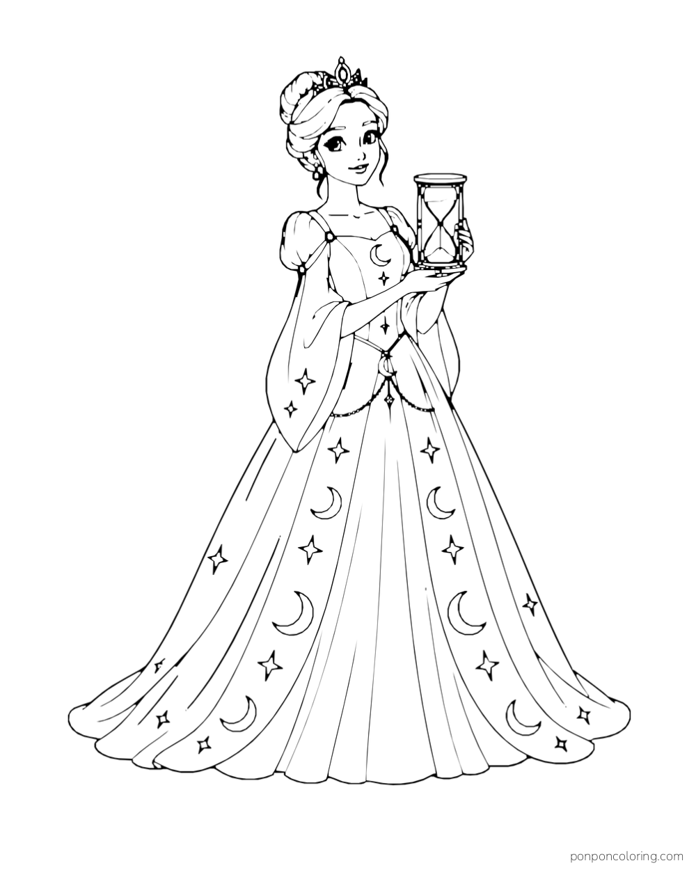 A princess holds an hourglass and wears a long gown patterned with moons and stars.