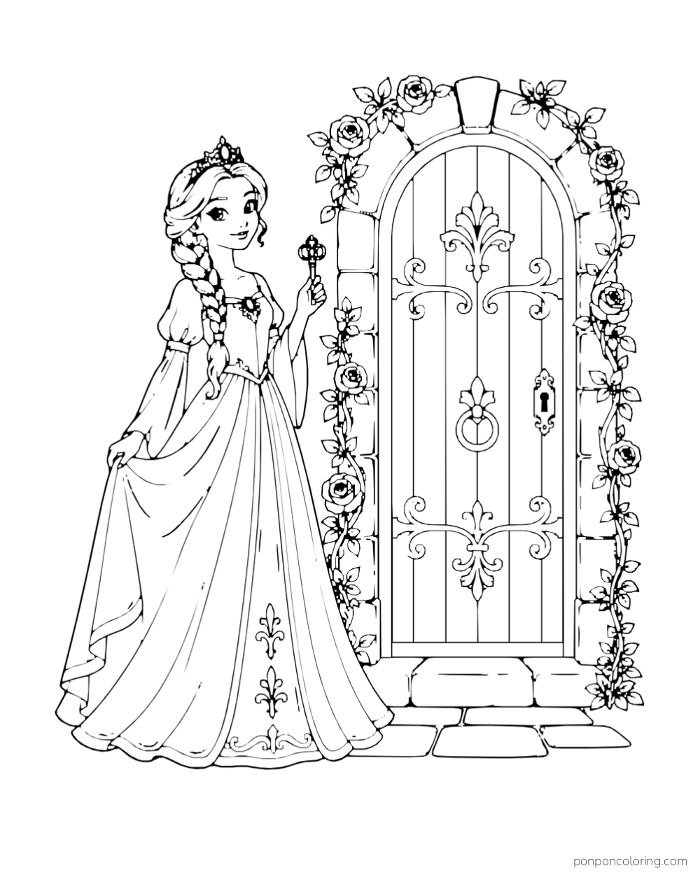 A princess holds a key beside a rose-framed arched door.