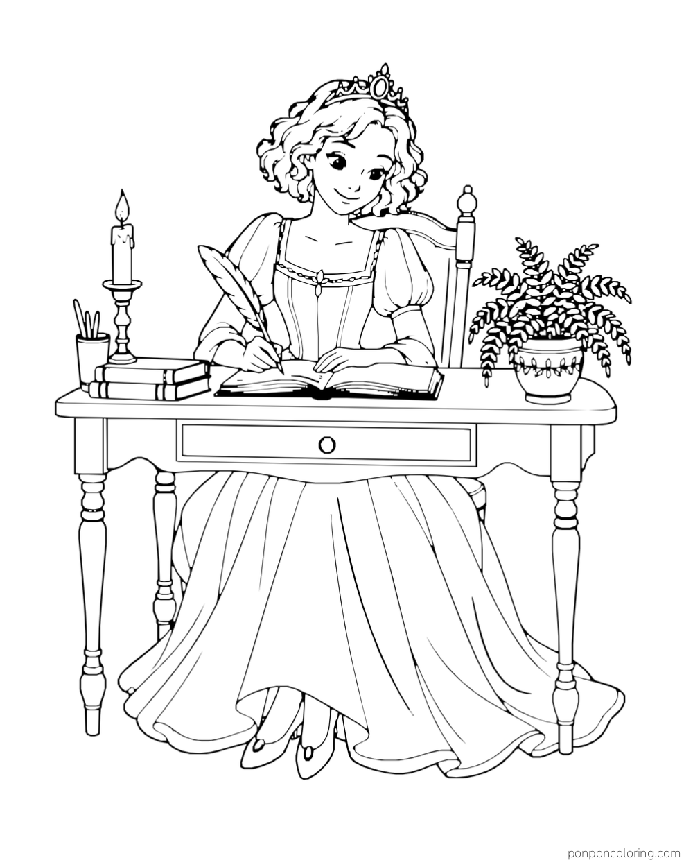 A princess writes in an open journal at a desk beside a candle and potted fern.