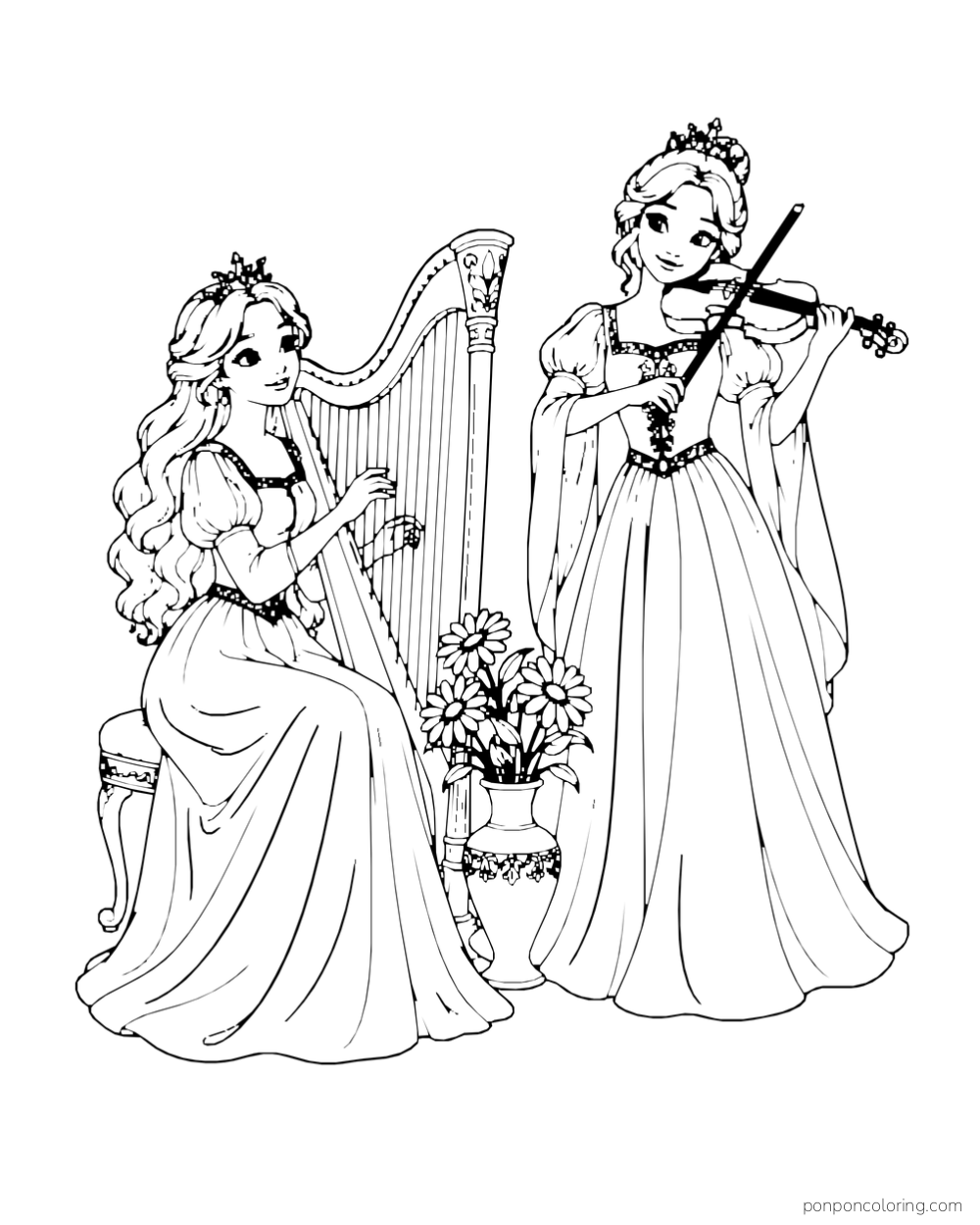 Two princesses play a harp and violin beside a vase of daisies.