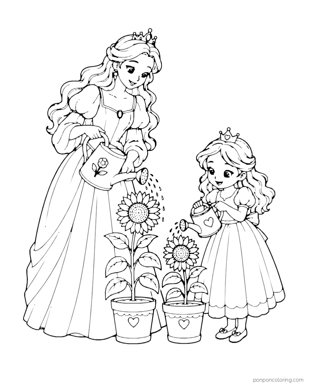 A princess and a younger crowned girl water two potted sunflowers.