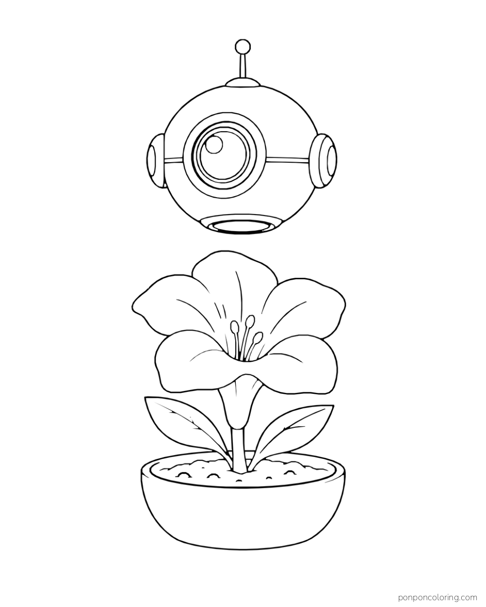 A round probe hovers above a large flower in a pot.