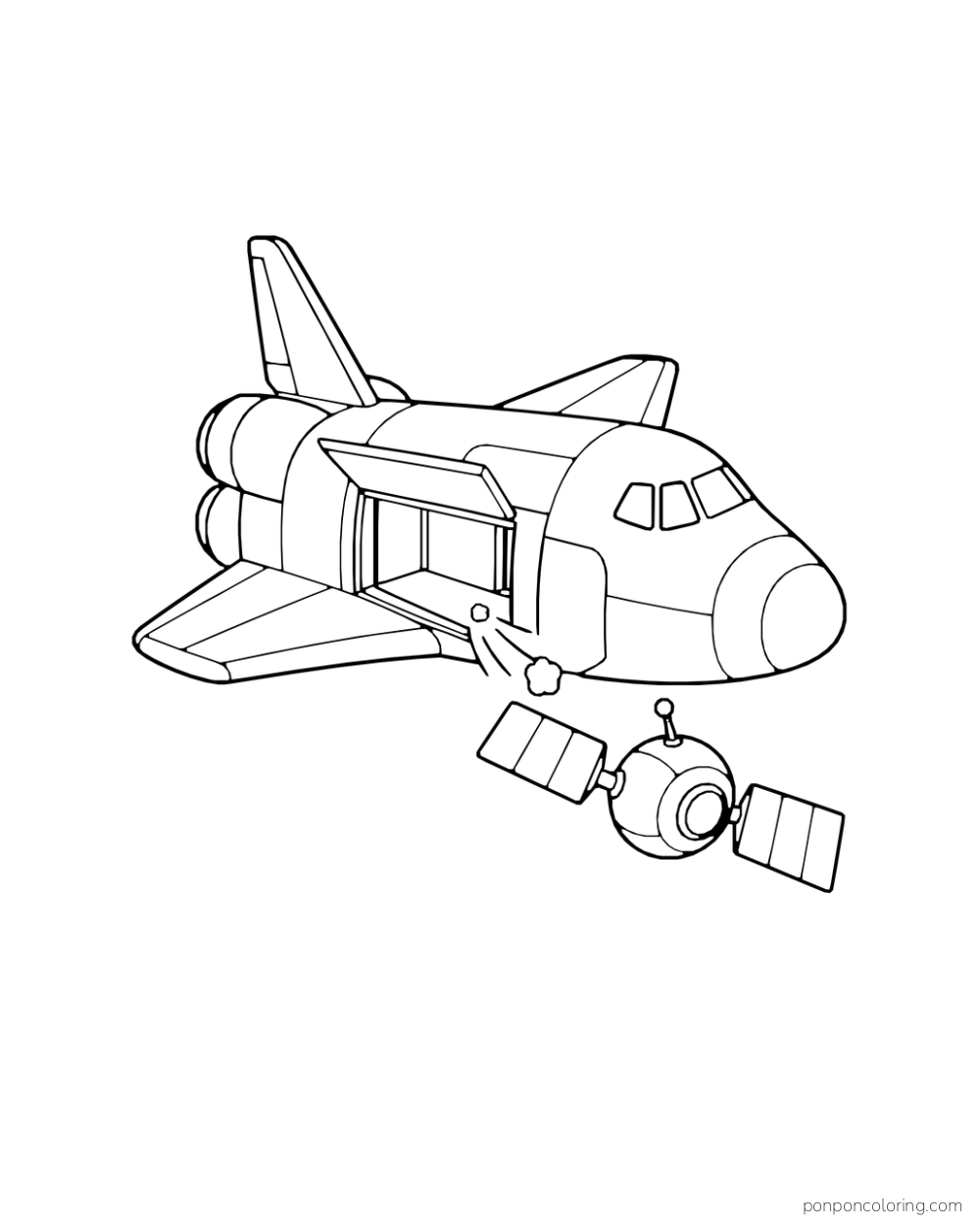 A small probe floats just outside the open bay of a shuttle.