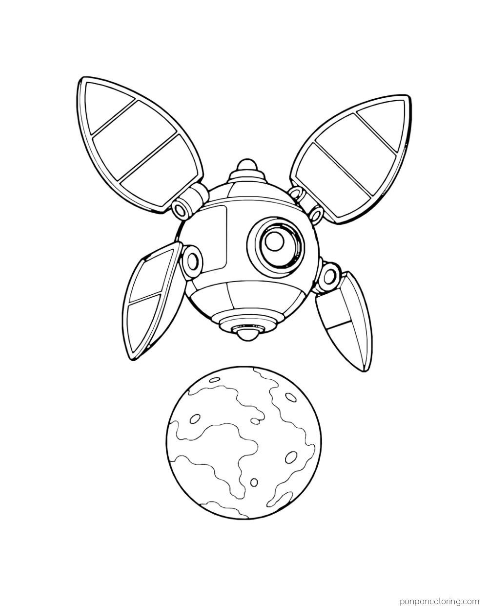 Four petal-shaped panels spread from a round probe above a planet.