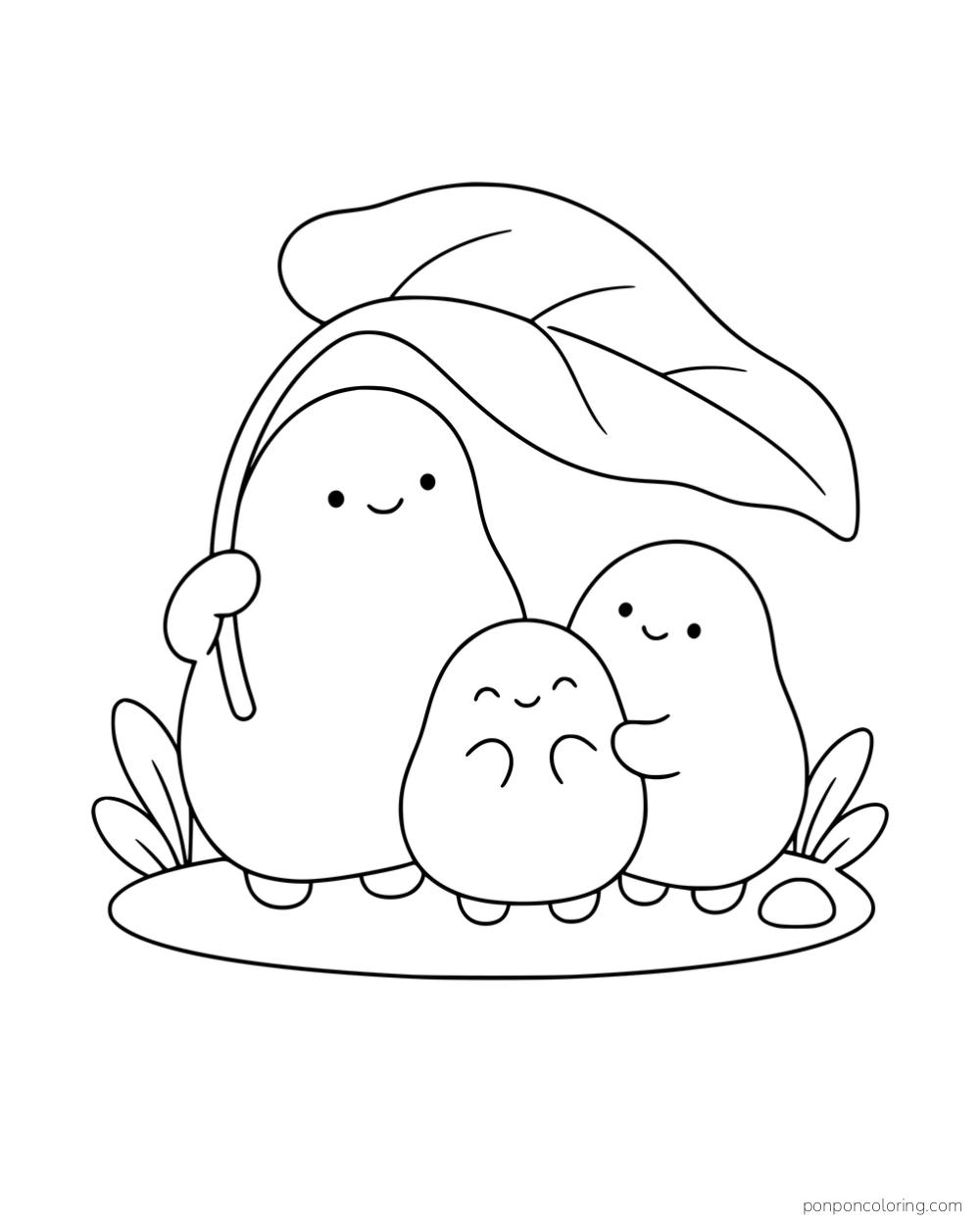 Three puffball characters beneath a large leaf held by the tallest character.