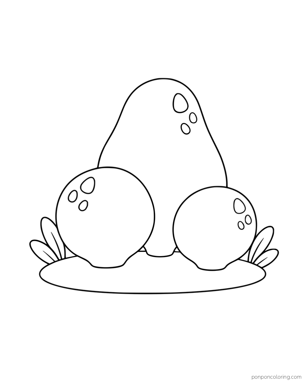 Three round and pear-shaped puffballs with small outlined markings on a ground patch.