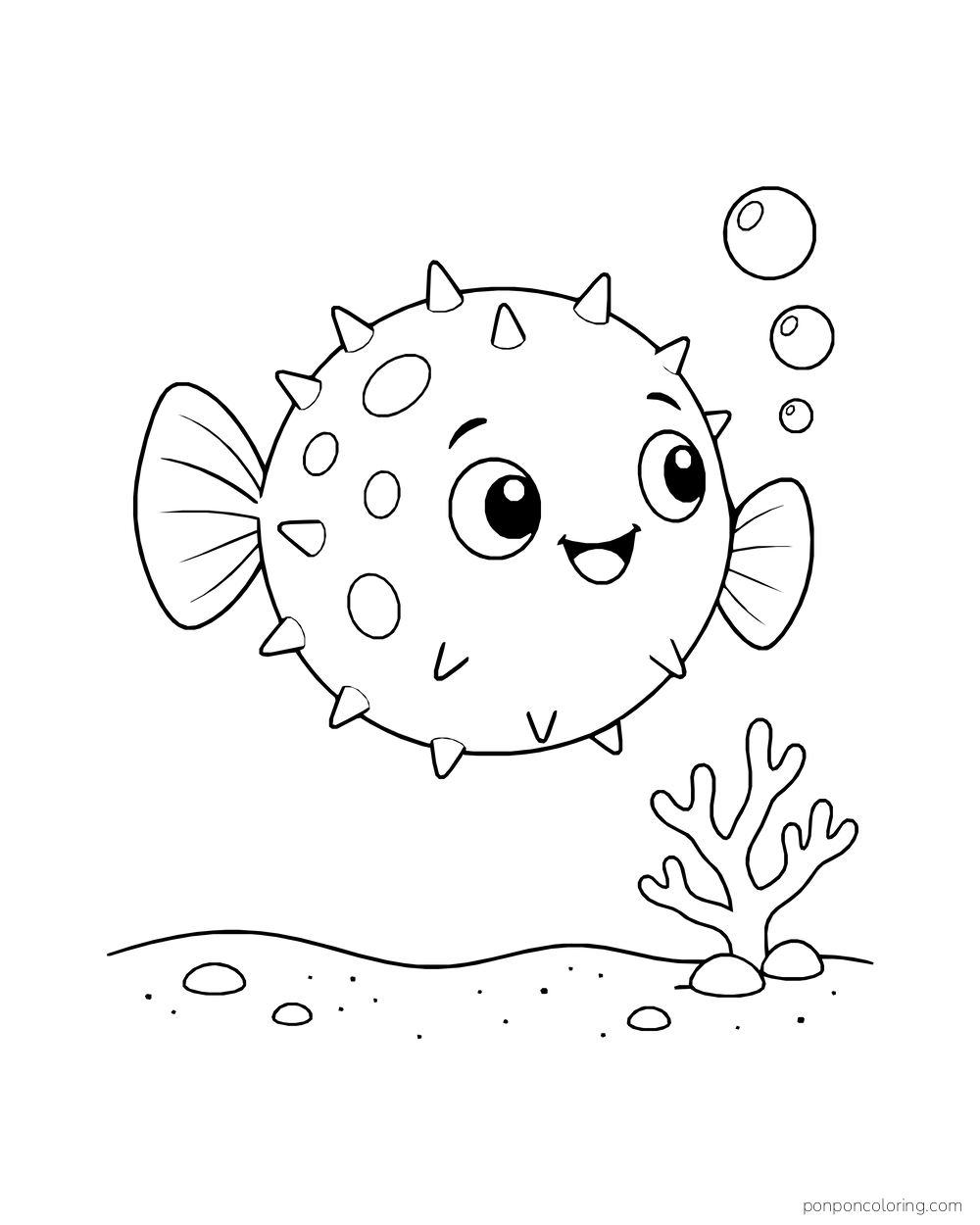 A round pufferfish swims above sand near a small coral branch.