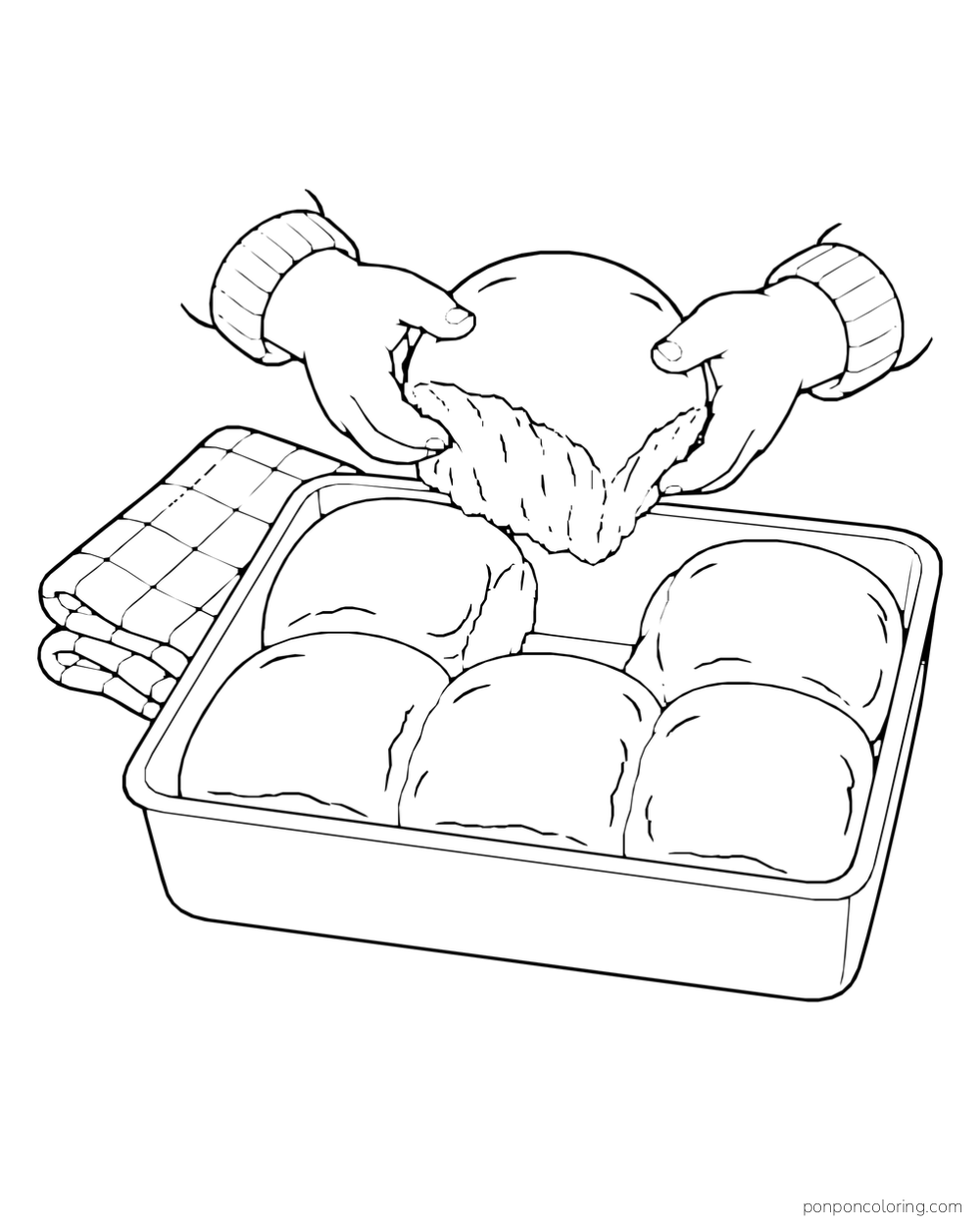 Two hands lift one soft section from a pan of pull-apart bread beside a folded cloth.