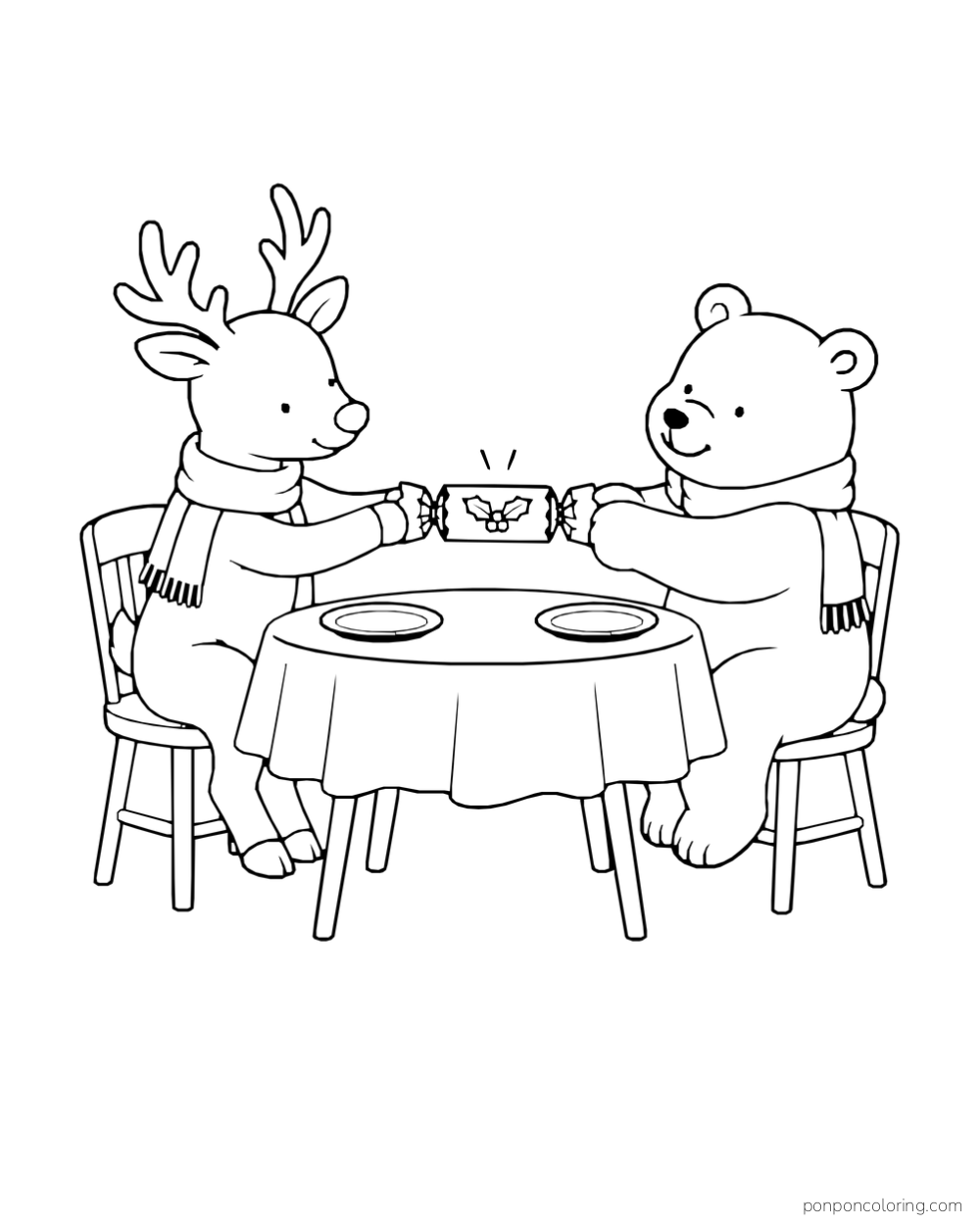 A reindeer and bear pull a Christmas cracker across a round table with two plates.