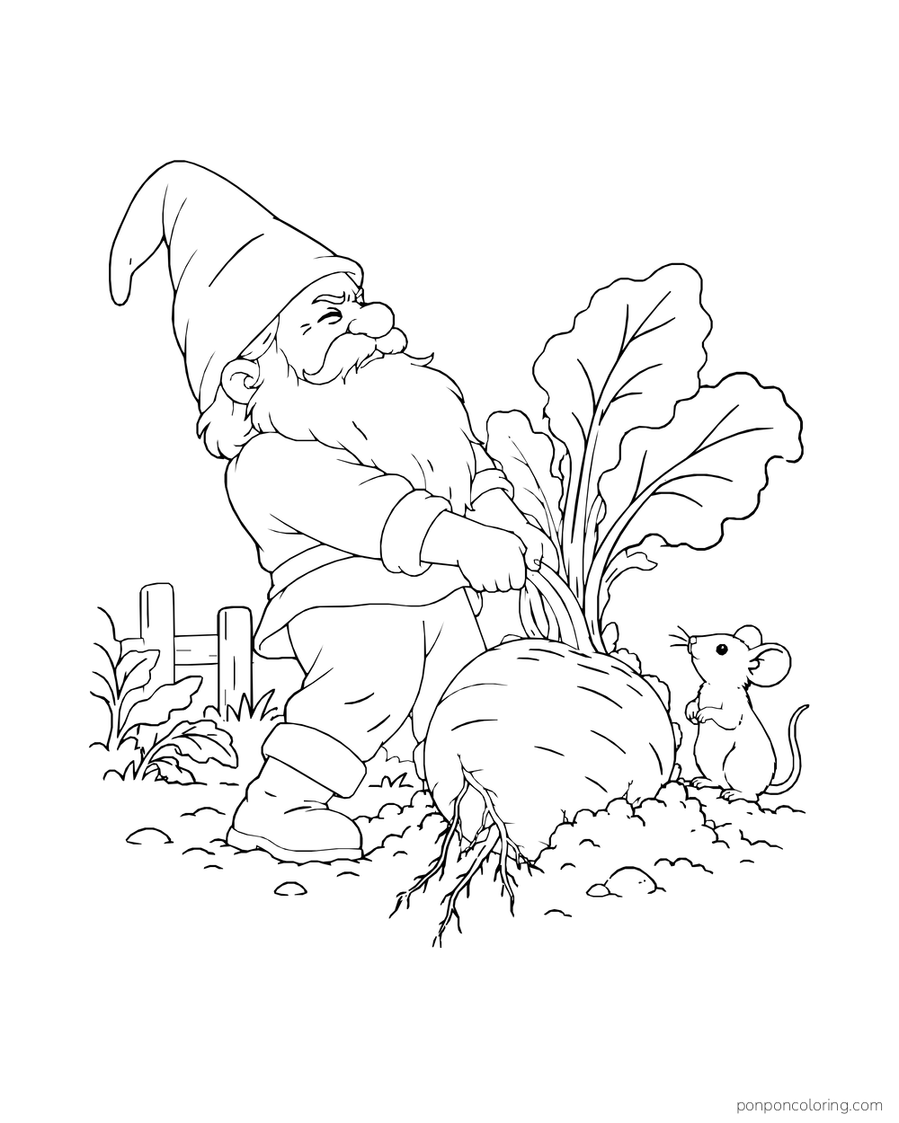 Gnome leaning back to pull a huge turnip from the soil while a mouse looks on.