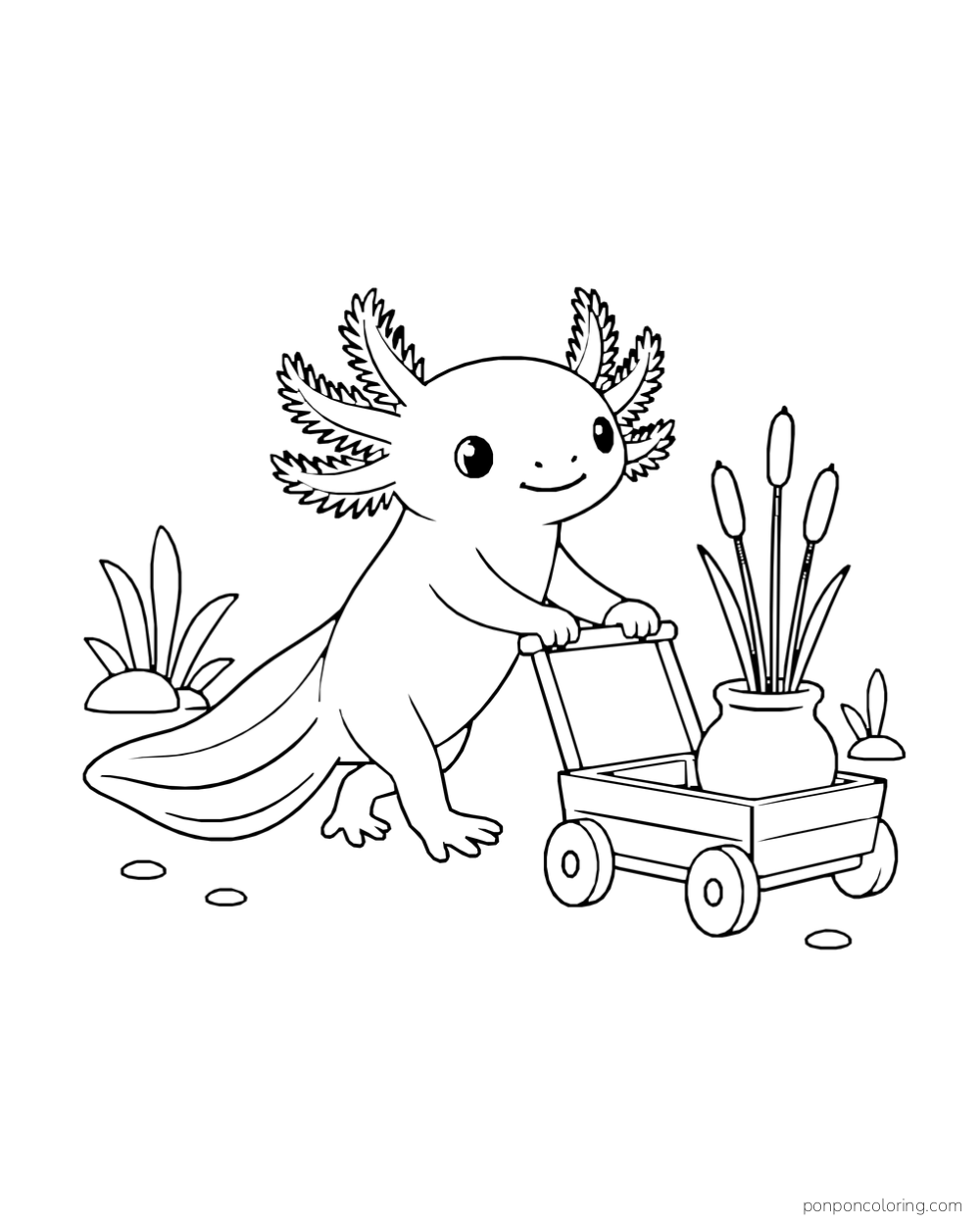 Axolotl pushing a small four-wheeled cart carrying a pot of tall water reeds.