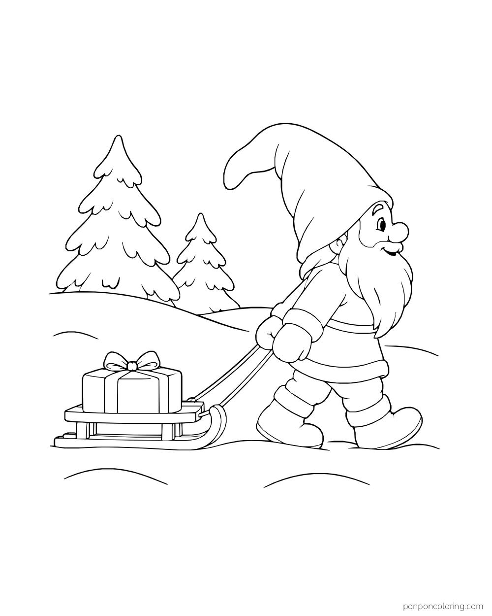 Gnome pulling a sled with one wrapped gift past a pair of snowy pine trees.