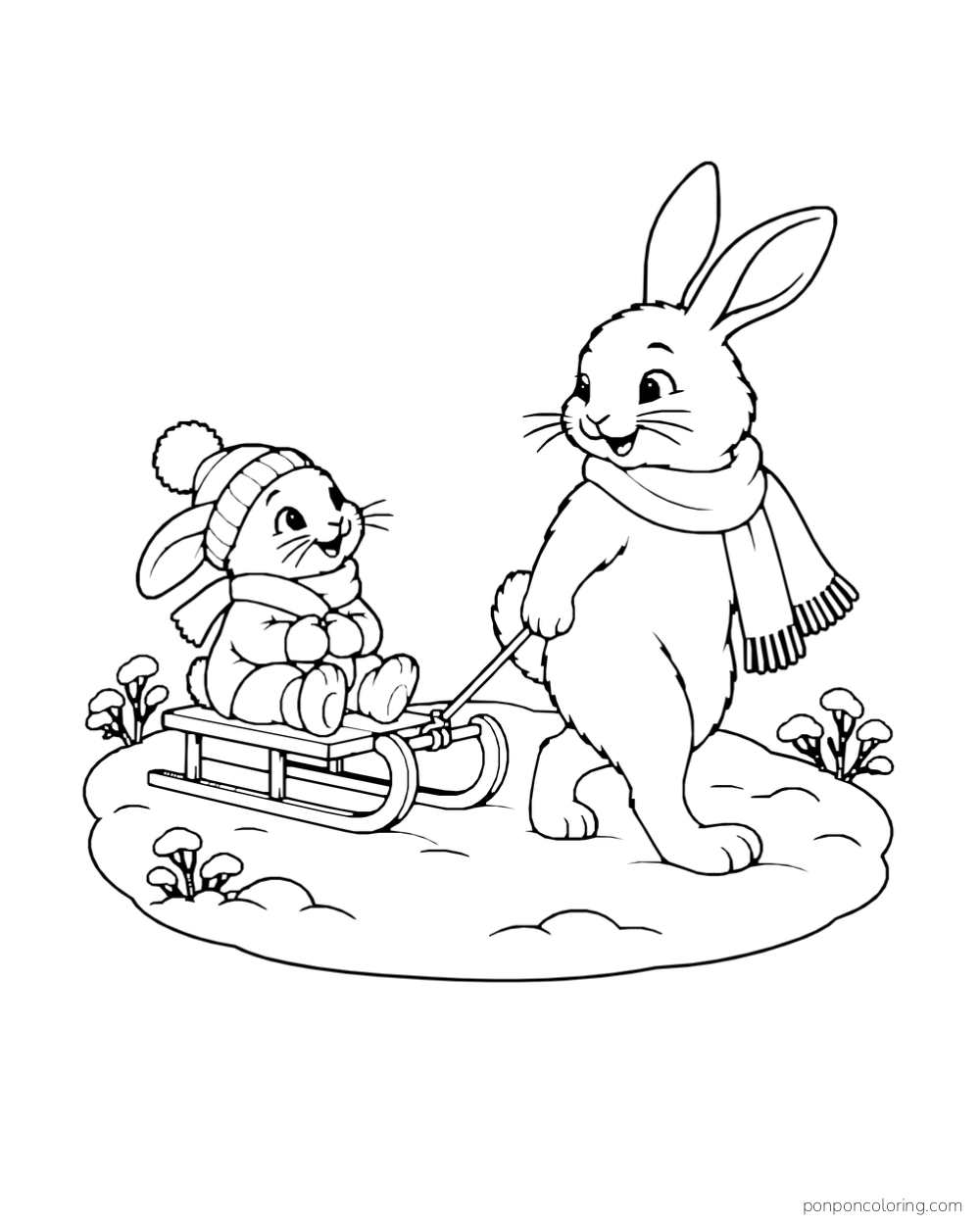 A scarf-wearing rabbit pulls a bundled young rabbit on a sled across a snow patch.