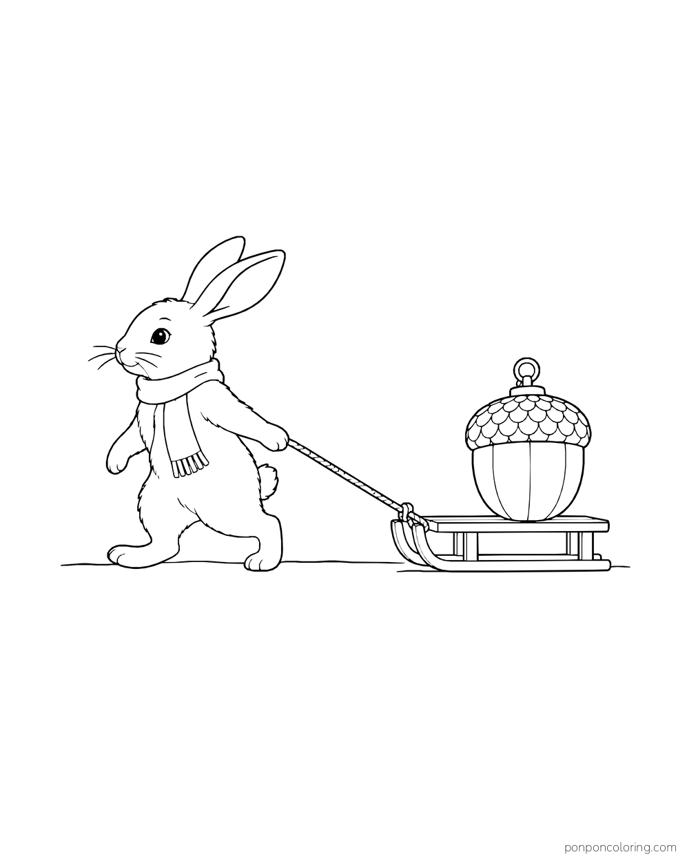 A scarf-wearing rabbit pulls a wooden sled carrying a large acorn-shaped lantern.