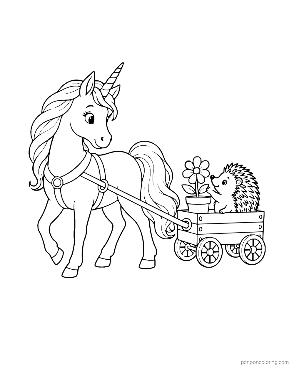 A unicorn pulls a little four-wheel wagon holding a hedgehog and flowers.