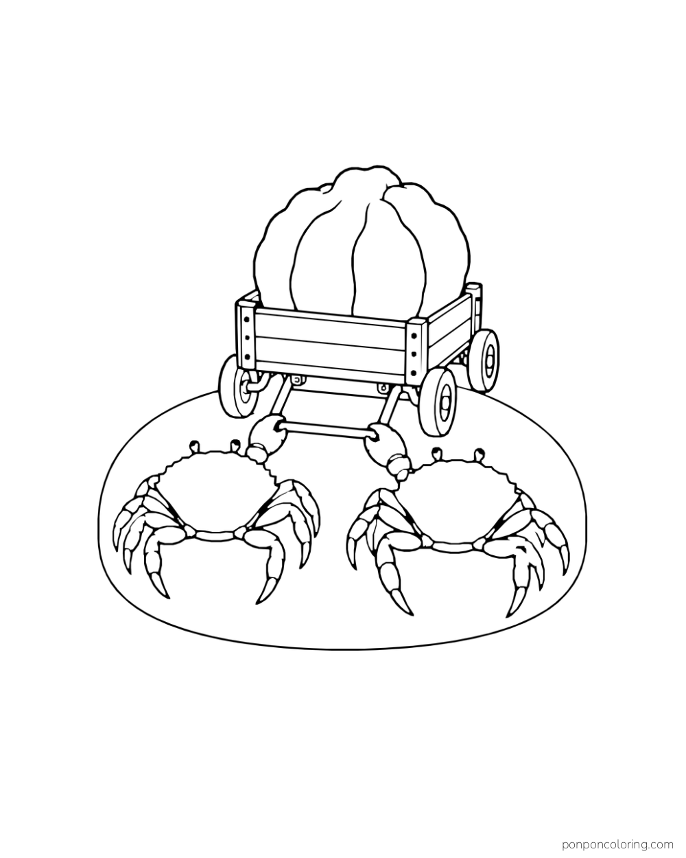 Two crabs pull a four-wheeled wagon carrying a large rounded bundle.