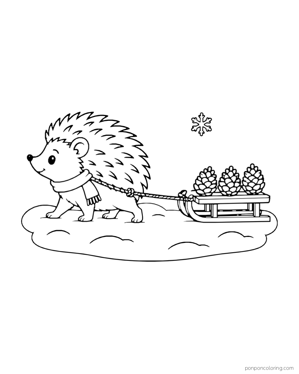 A scarf-wearing hedgehog pulls a low sled loaded with pinecones across a snowy patch.