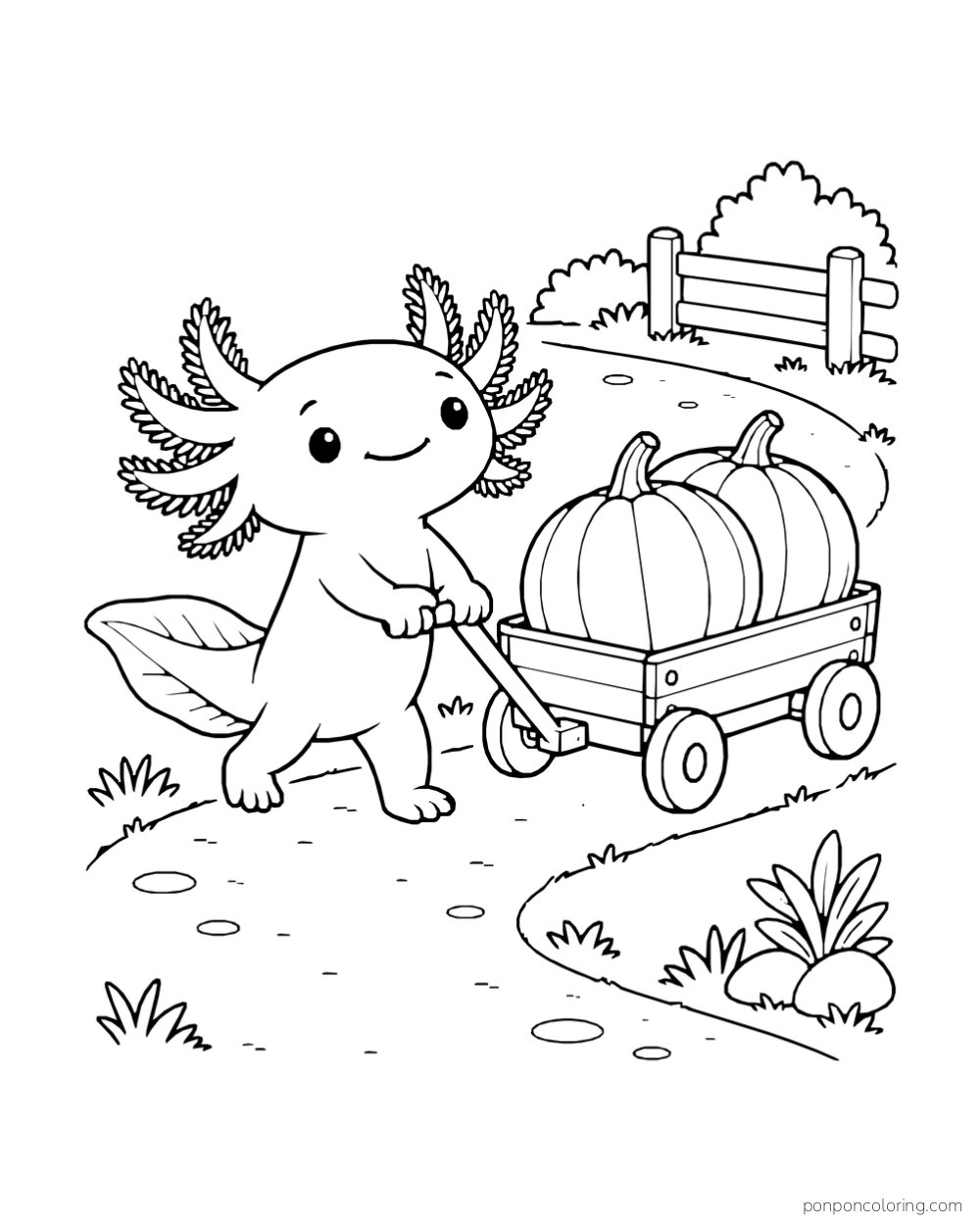 Axolotl pulling a low wagon with two pumpkins along a lightly marked path.