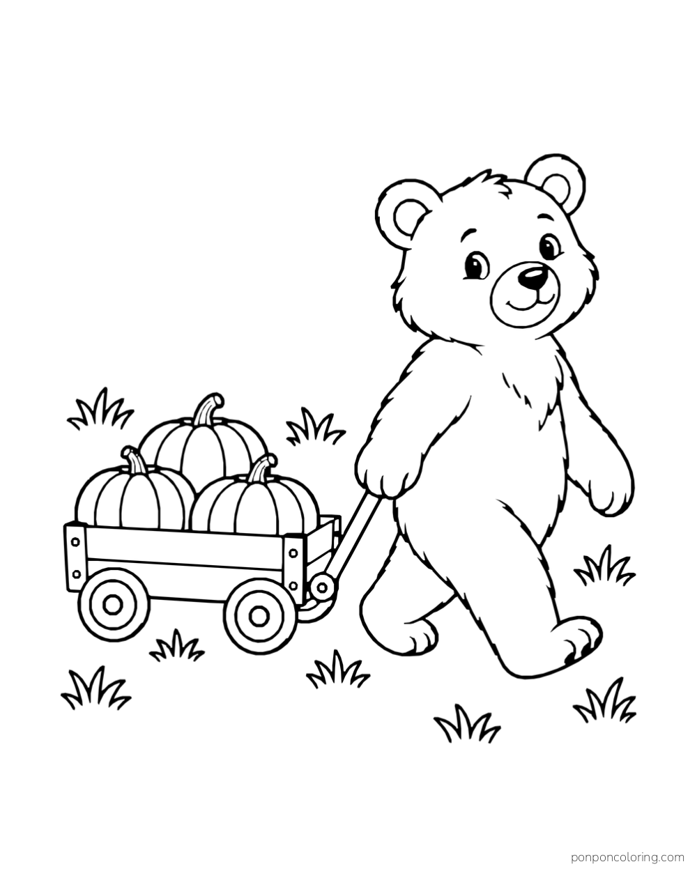 A bear pulls a little two-wheeled wagon carrying pumpkins.